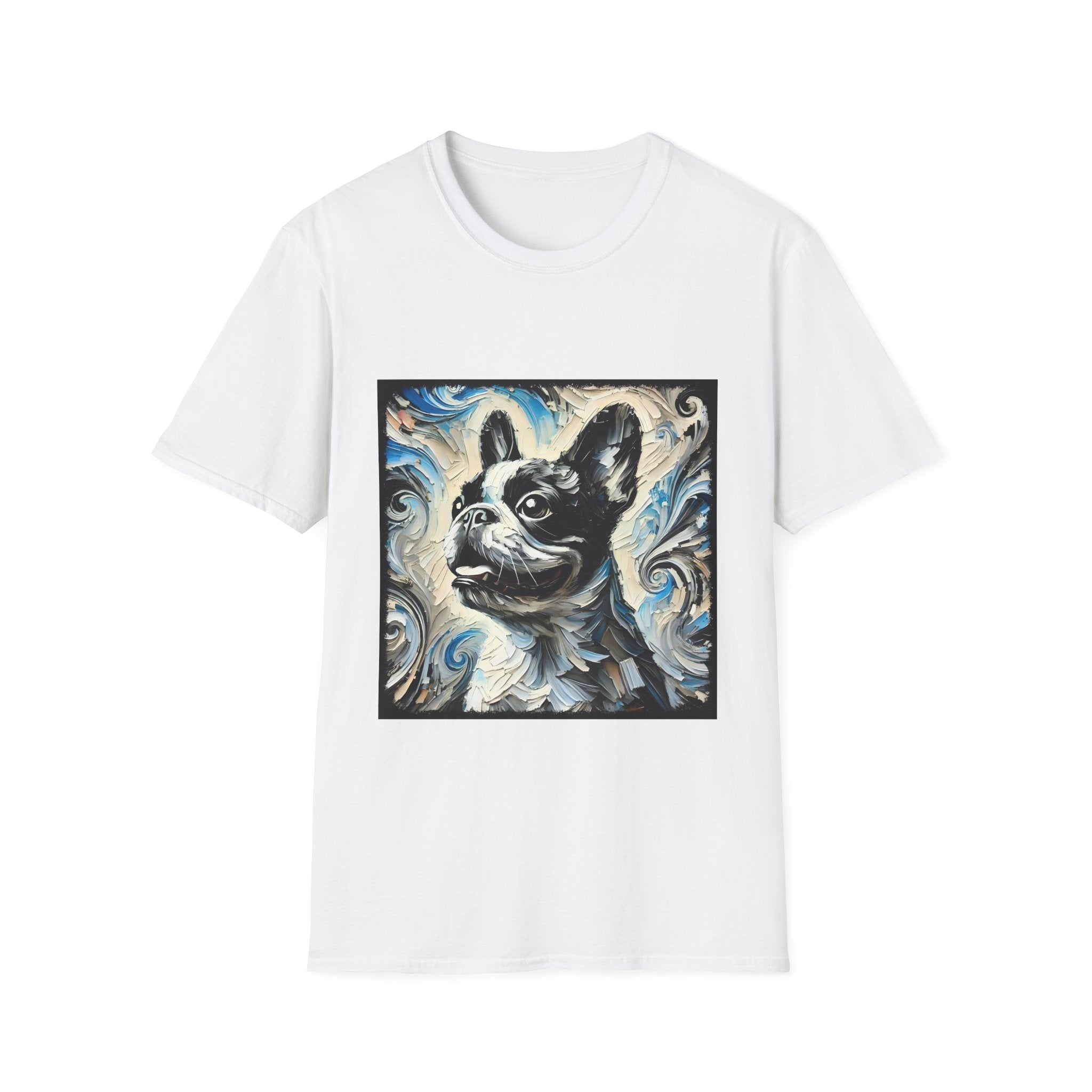 White dog t-shirt with black and white French Bulldog portrait on swirl-patterned vintage background.