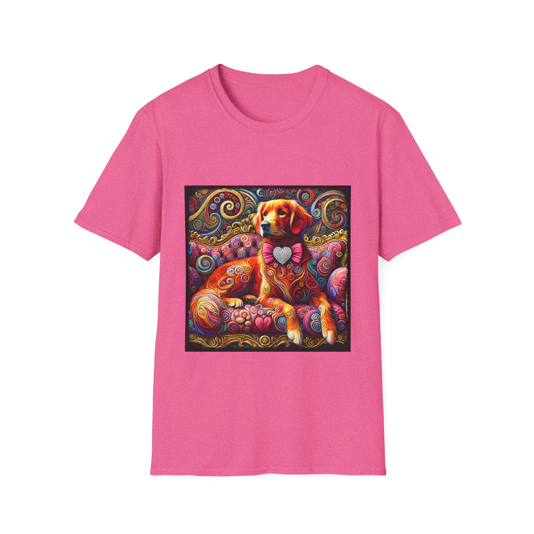Bright pink dog t-shirt with golden retriever in pink bow on vibrant swirl settee with heart details.