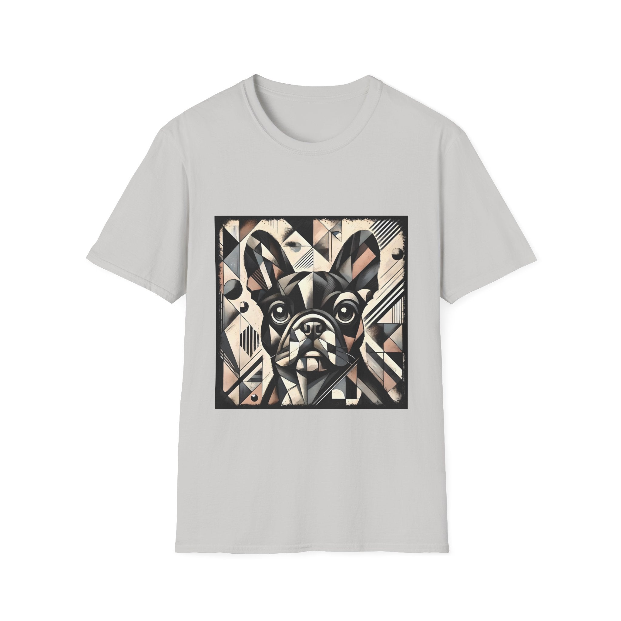 Ice gray dog t-shirt featuring geometric French Bulldog in cubist tones of black, beige, cream, and soft blush.