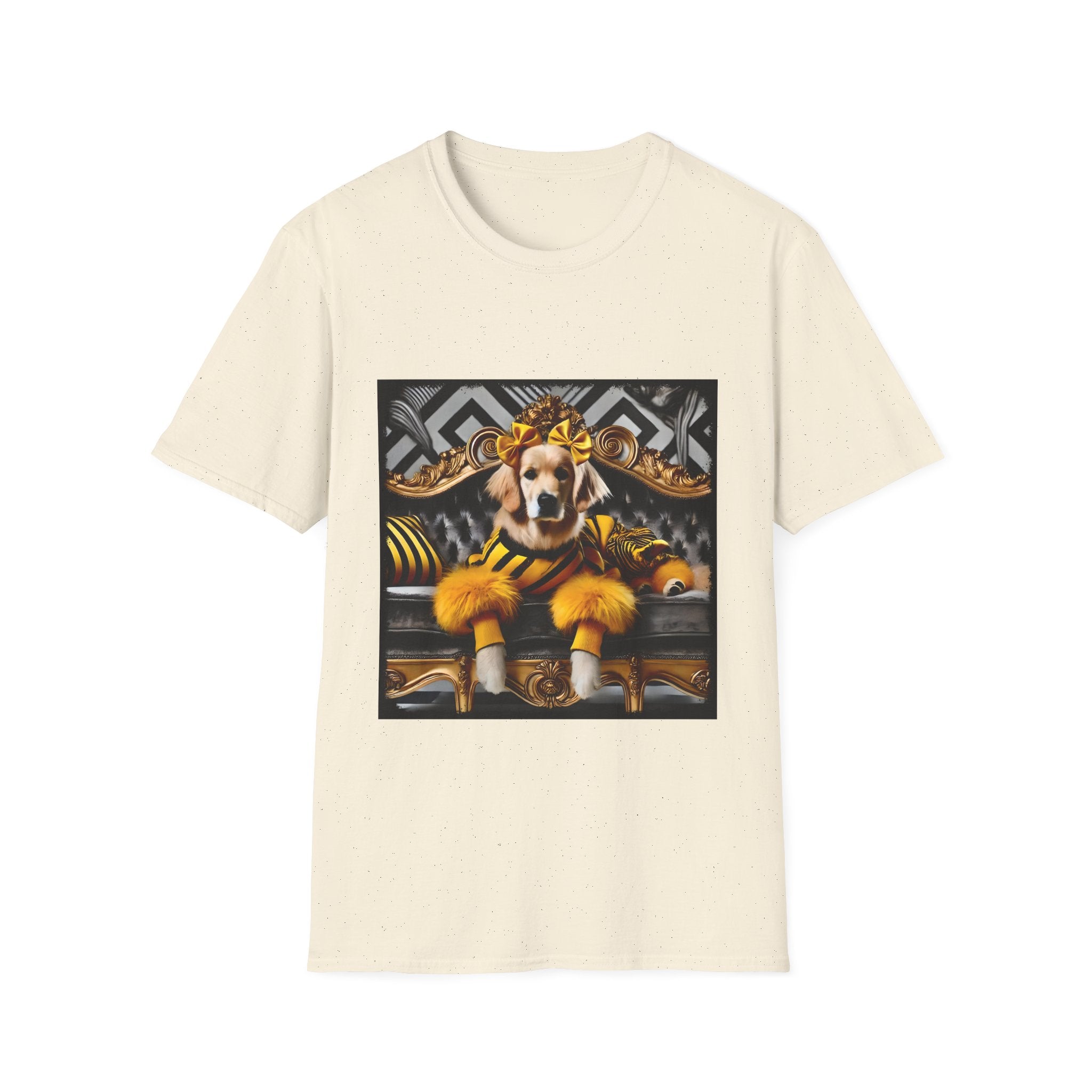 Natural dog t-shirt with golden retriever in yellow-black outfit on gold settee, black and white art deco backdrop.