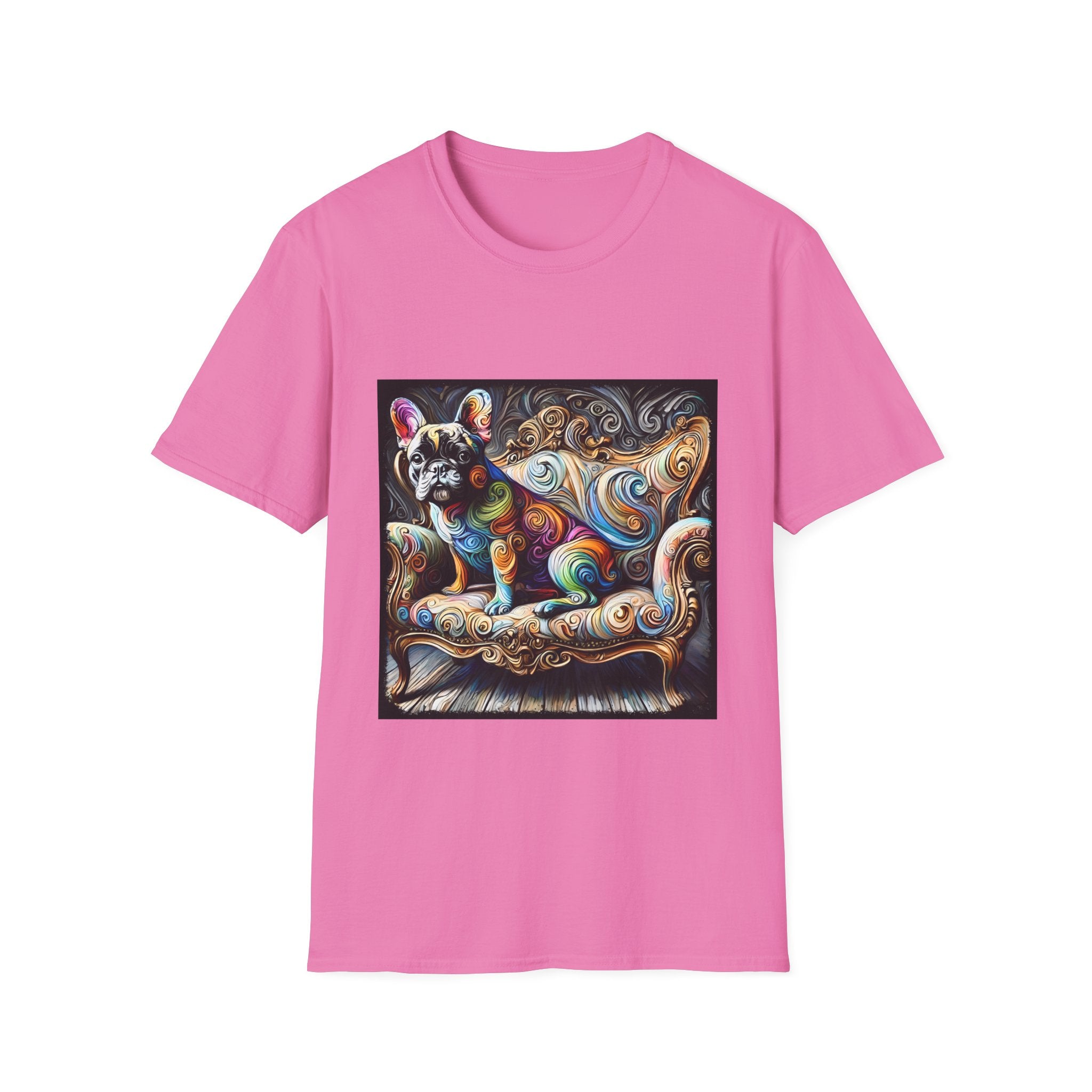 Pink t-shirt featuring rainbow French Bulldog on golden settee with swirl pattern, expressionism style.