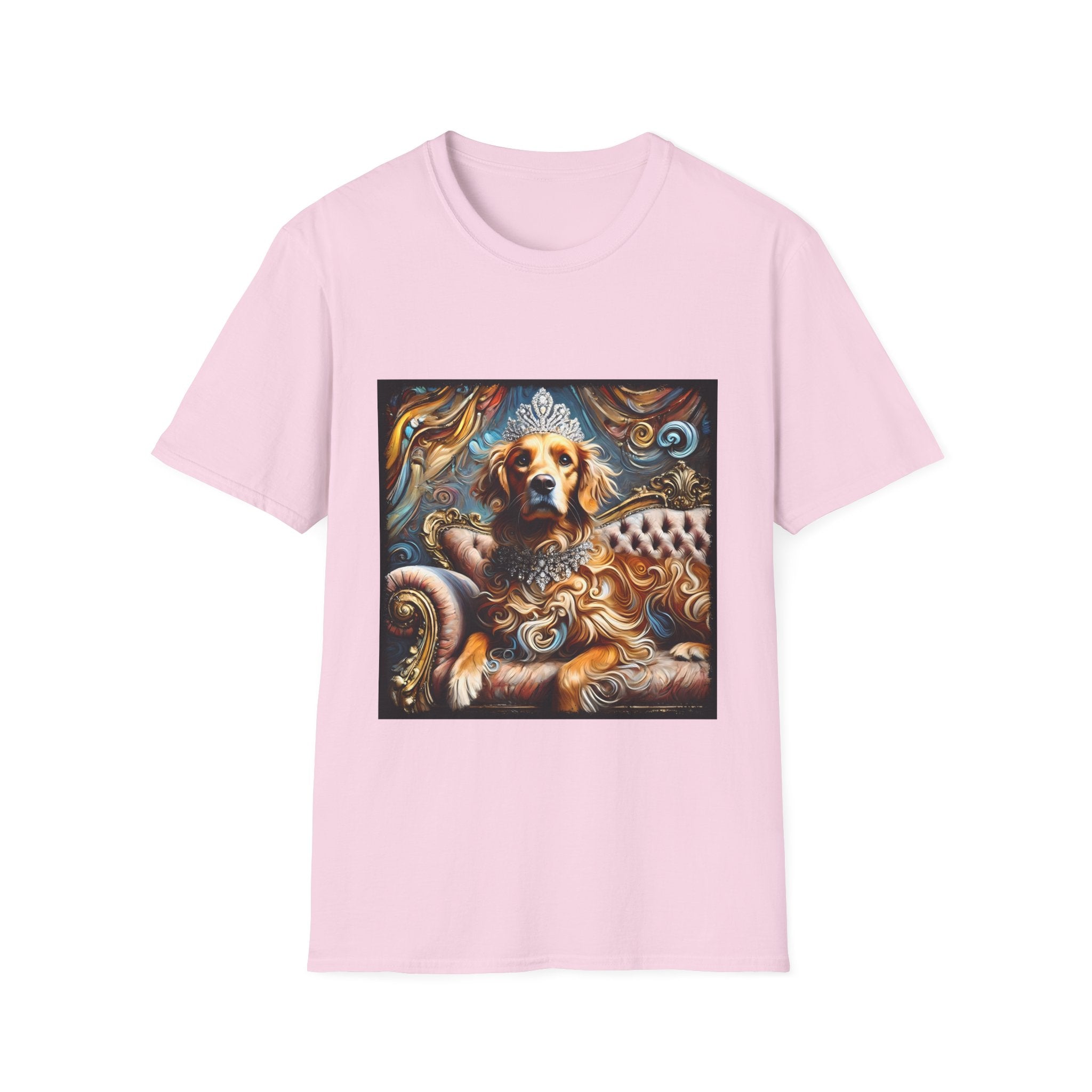 Light pink dog t-shirt with golden retriever in crown and jewels on tufted settee, baroque-style backdrop.