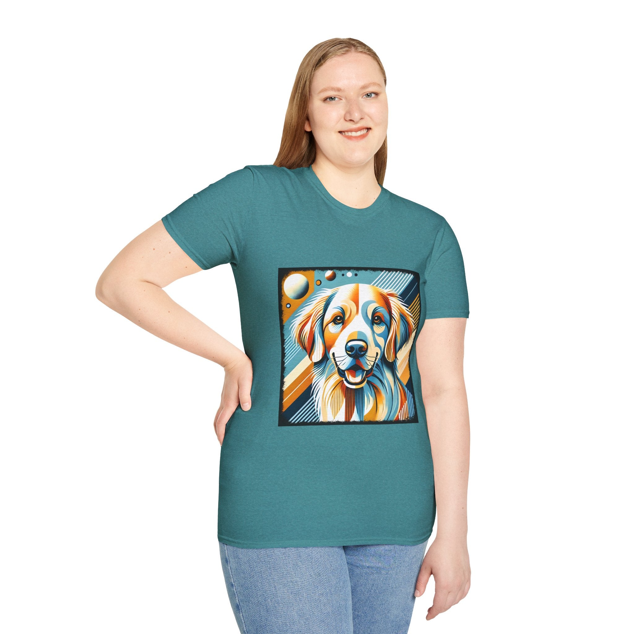 Female model in teal dog t-shirt featuring smiling golden retriever in abstract pop style with blue, orange, and cream tones.
