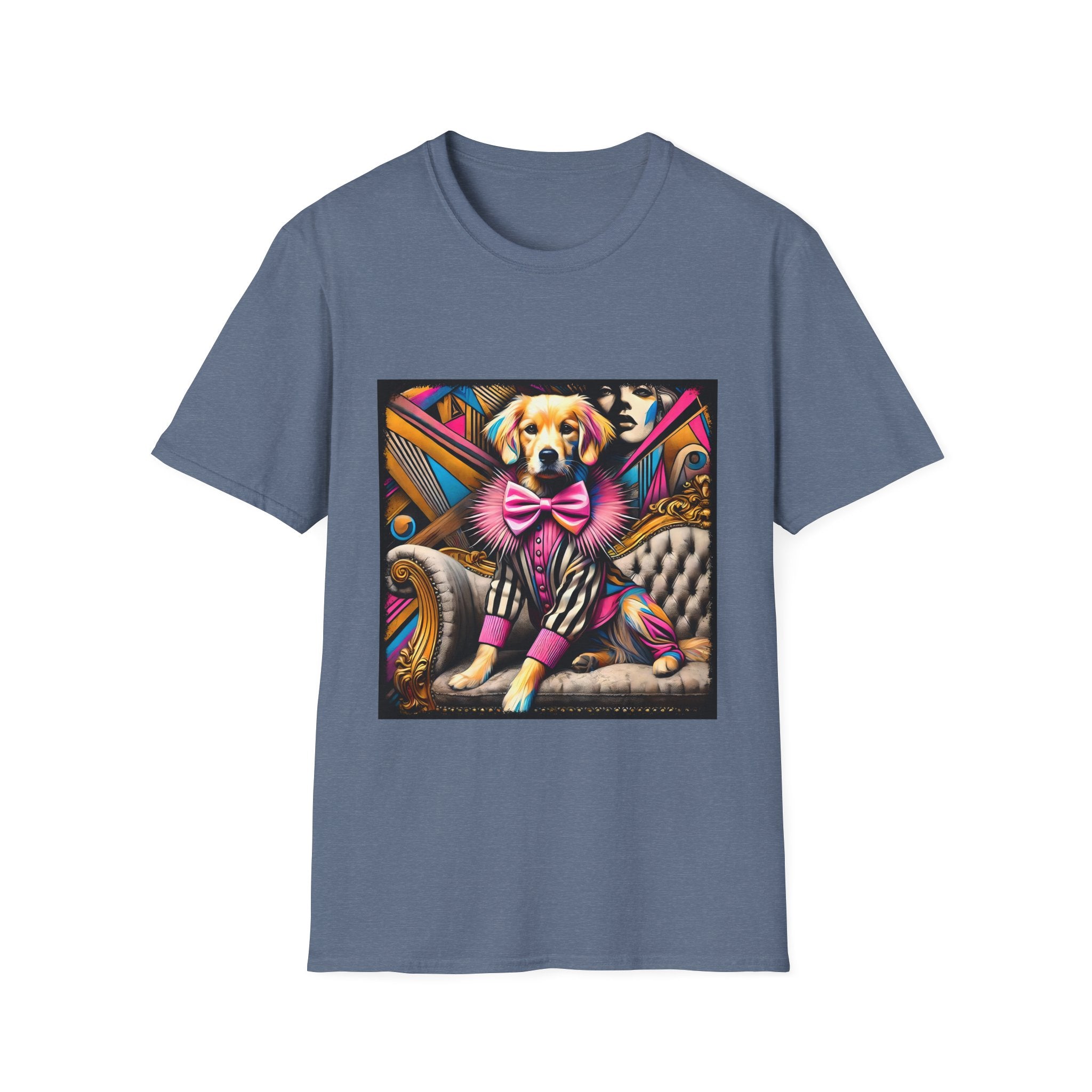 Heather indigo dog t-shirt with golden retriever in striped outfit and pink bow on bold pop-art settee.