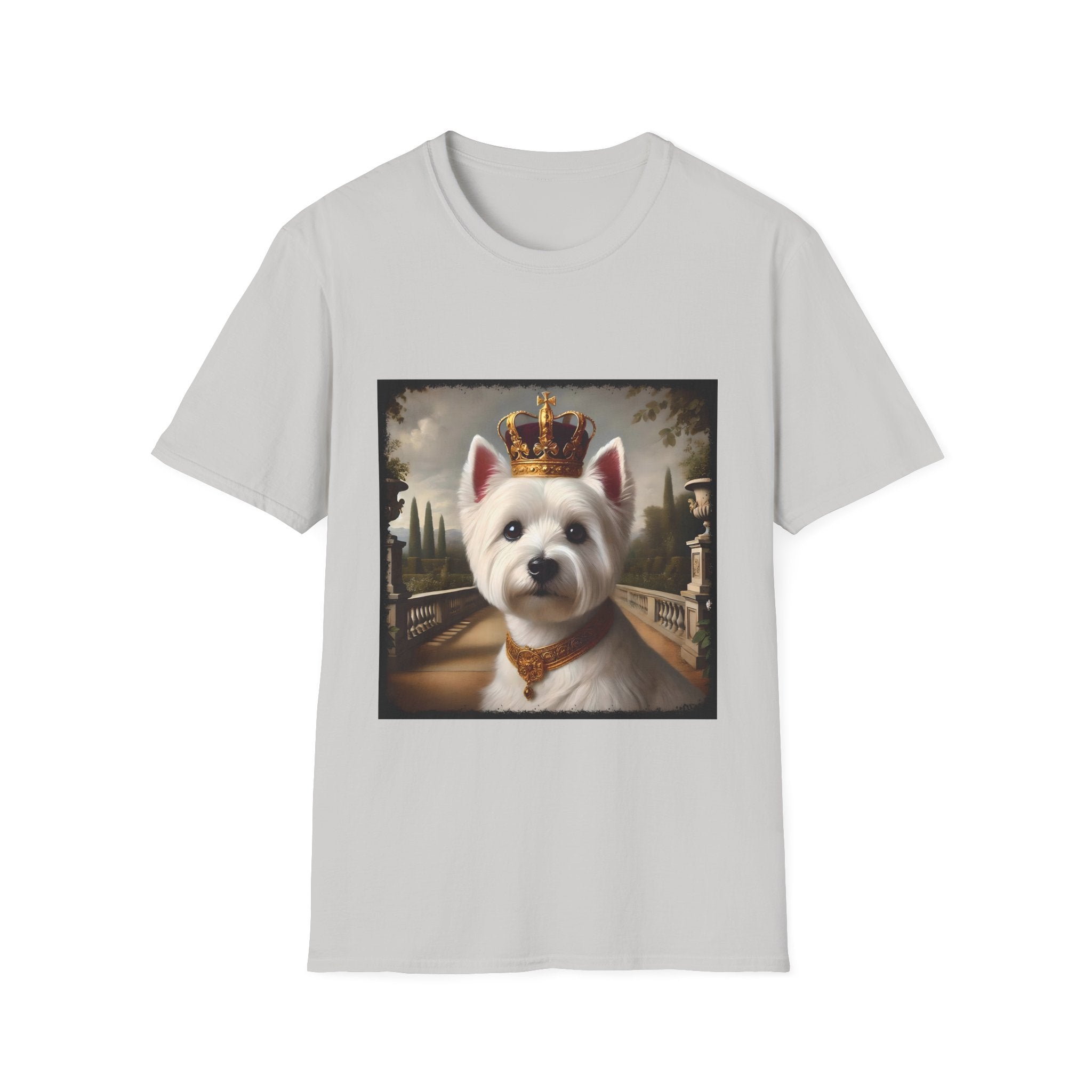 Ice gray dog t-shirt featuring regal Westie in gold crown and collar on palace terrace background.