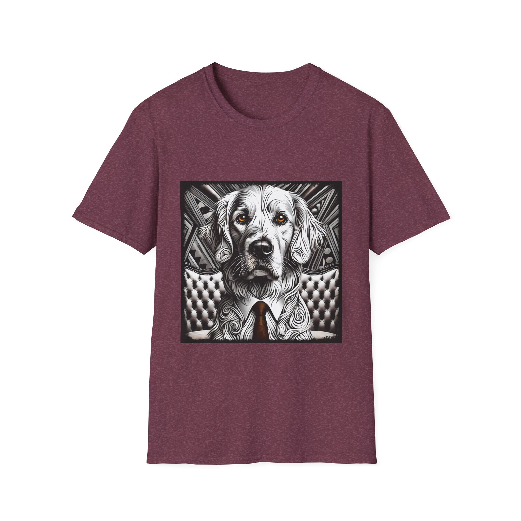 Heather maroon dog t-shirt featuring monochrome golden retriever with brown eyes and tie in front of settee.