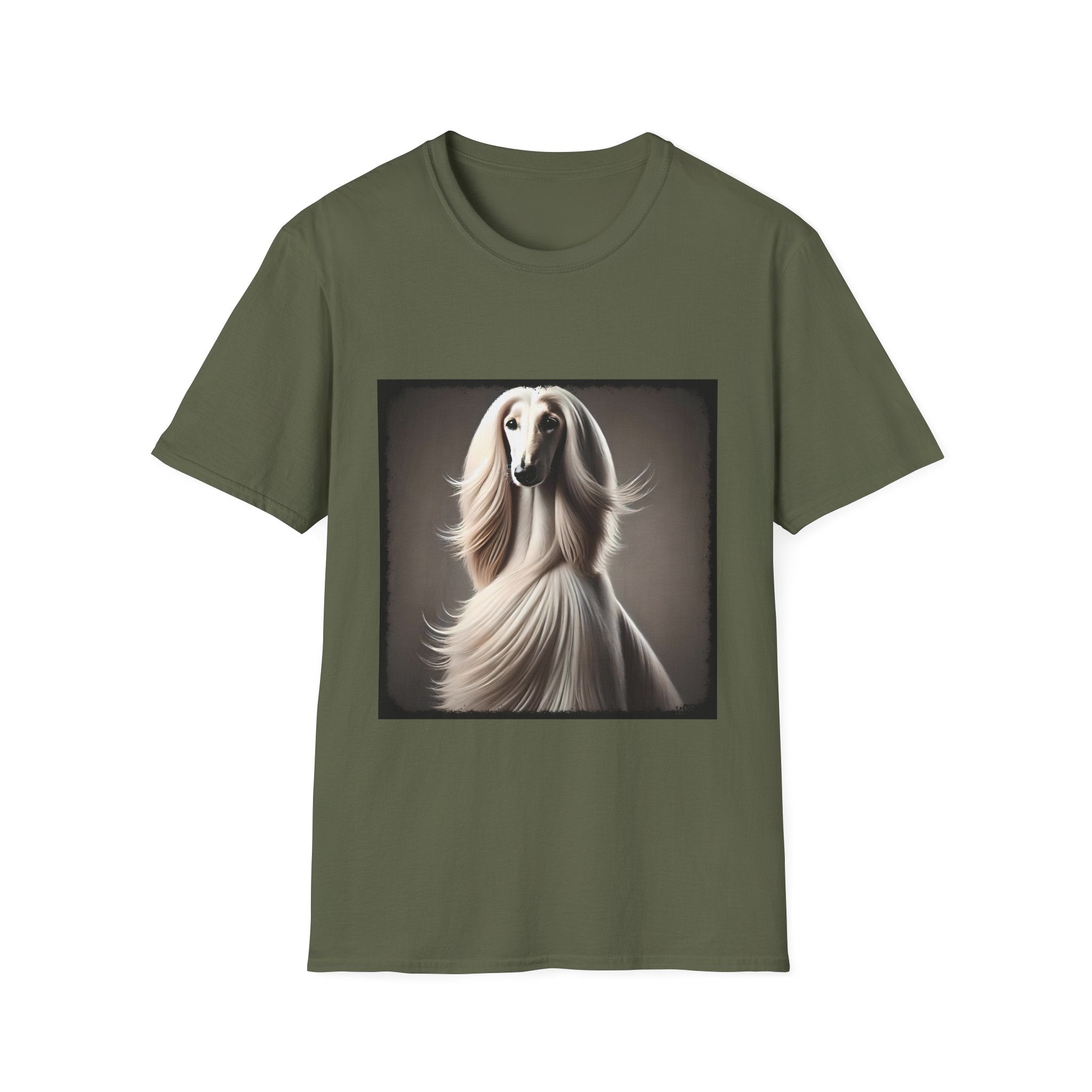  White Afghan Hound with flowing hair, featured on a stylish military green dog t-shirt against a soft background.