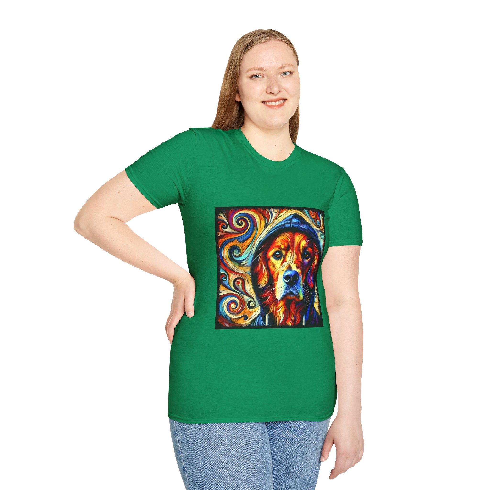 Female model in Kelly green dog t-shirt with golden retriever in blue hoodie, bold swirls in red, orange, and teal behind.