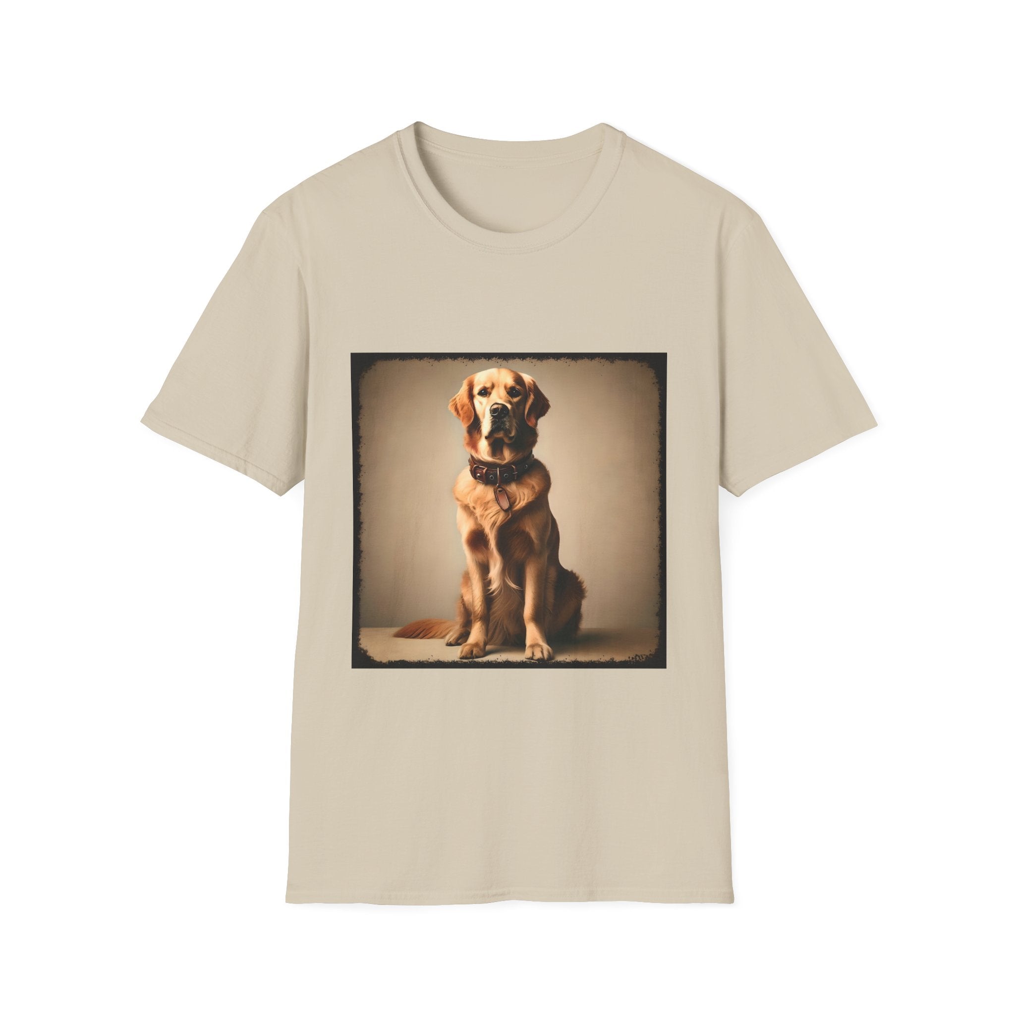 Sand dog t-shirt featuring golden retriever in brown collar, seated against a neutral tan backdrop.