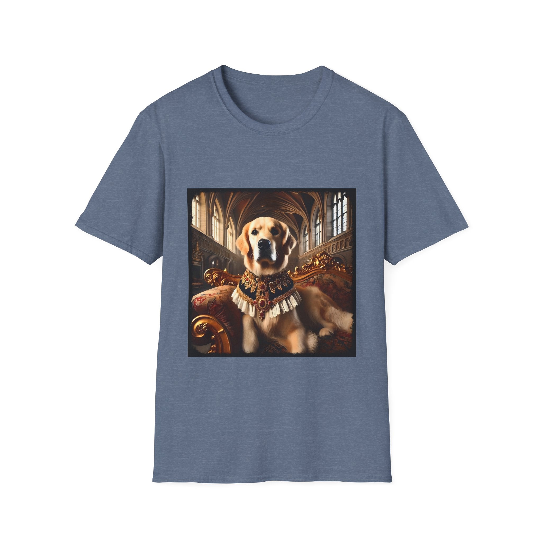 Heather indigo dog t-shirt featuring golden retriever in royal collar on ornate settee in gothic hall.