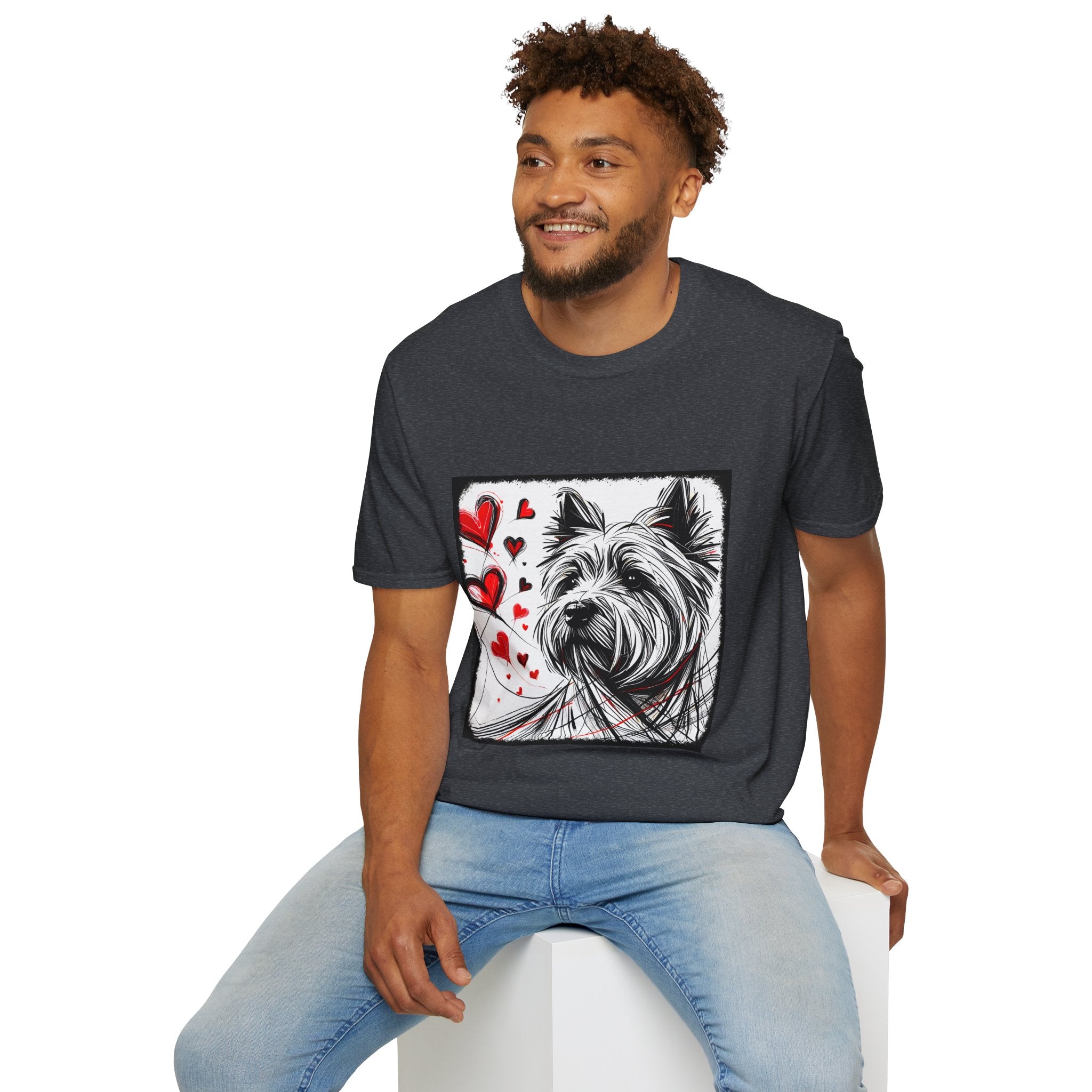 Male model in dark heather gray dog t-shirt featuring sketch-style Westie with red hearts and abstract black line accents.