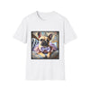 White dog t-shirt featuring French Bulldog wearing tiara, purple tutu, and bow, seated on royal chair with pastel background.