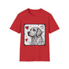 Red dog t-shirt featuring golden retriever line art with red hearts on a white background with abstract swirl pattern.