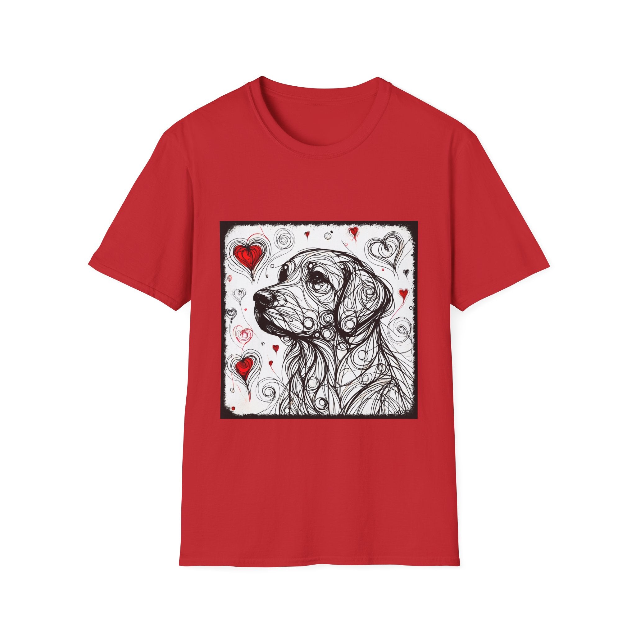 Red dog t-shirt featuring golden retriever line art with red hearts on a white background with abstract swirl pattern.