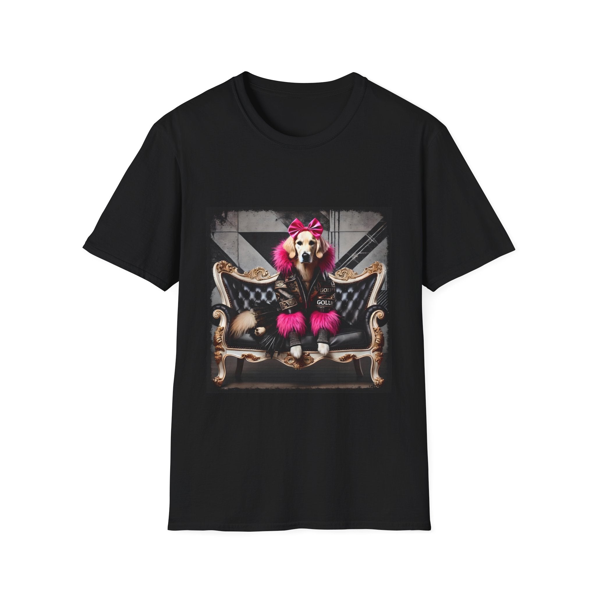 Black dog t-shirt featuring golden retriever with pink bow and fur outfit on black settee in edgy backdrop.