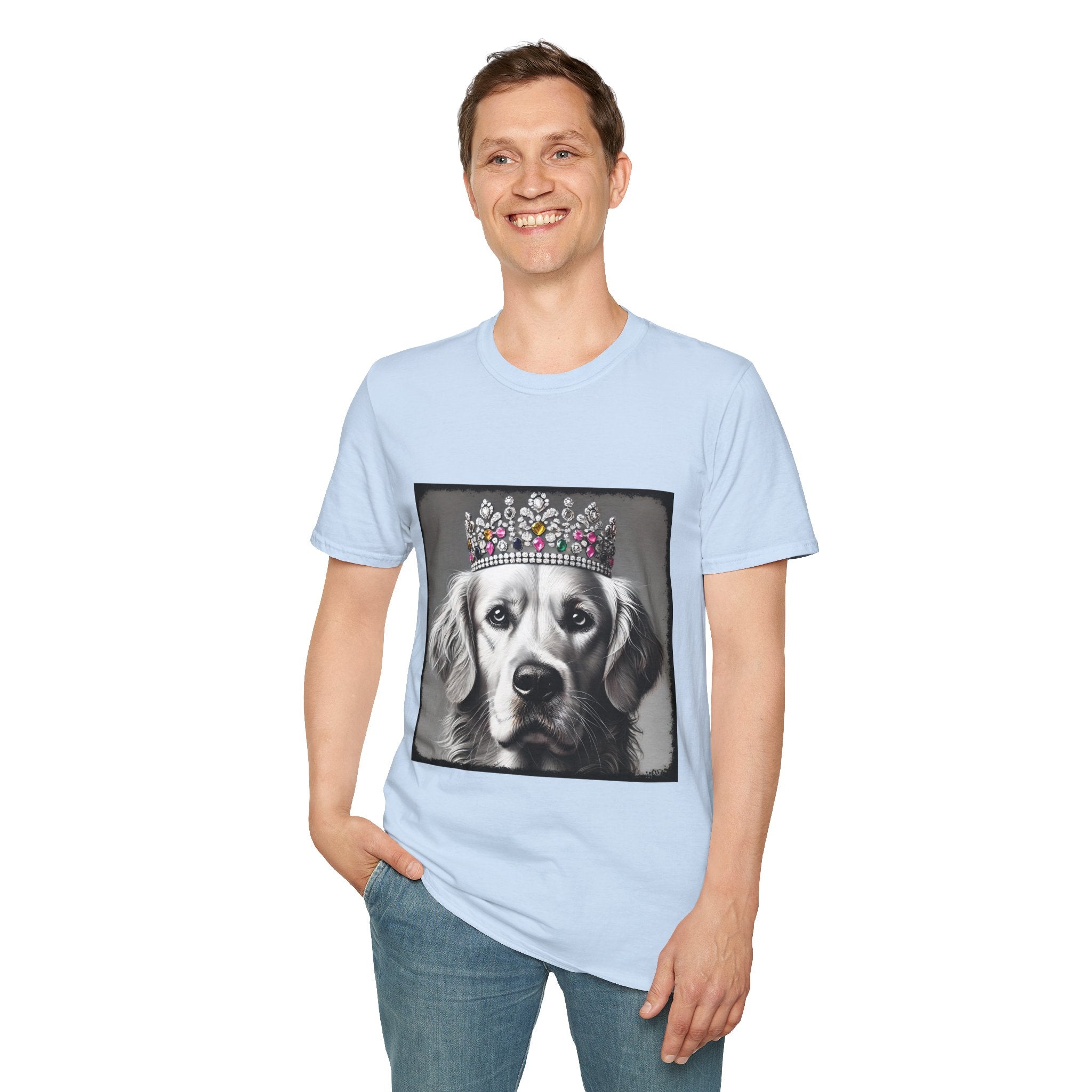Male model wears light blue dog t-shirt featuring a black-and-white princess Golden Retriever with jeweled crown on gray background.