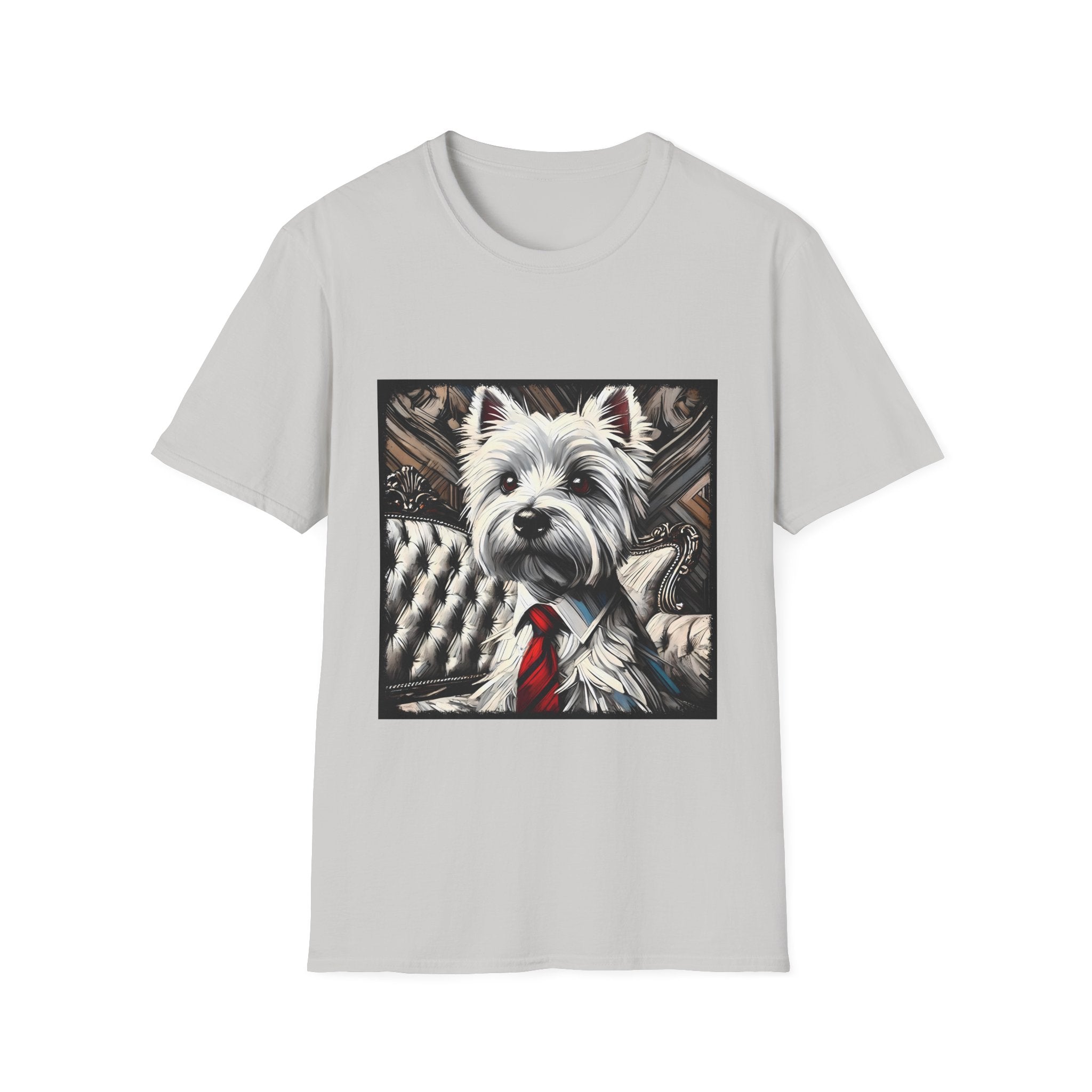 Ice gray dog t-shirt featuring a Westie in a red tie seated on a tufted chair in a wood-accent room.