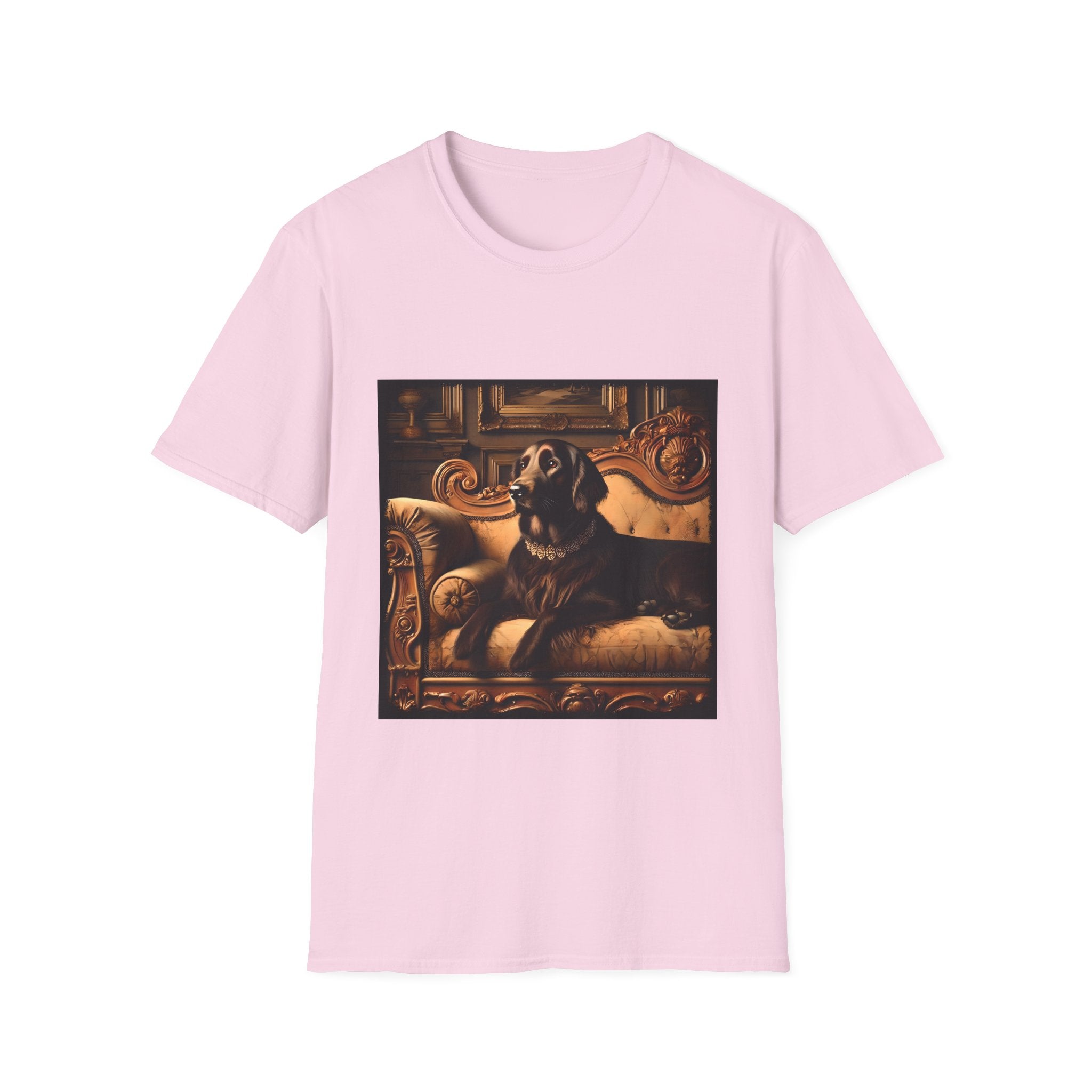 Light pink dog t-shirt featuring chocolate golden retriever on gold settee, jeweled collar in regal backdrop.