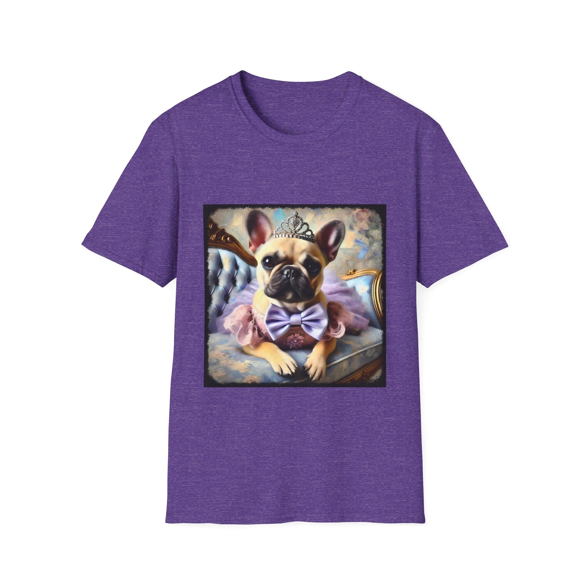 Heather purple dog t-shirt featuring French Bulldog wearing tiara, purple tutu, and bow, seated on royal chair with pastel background.