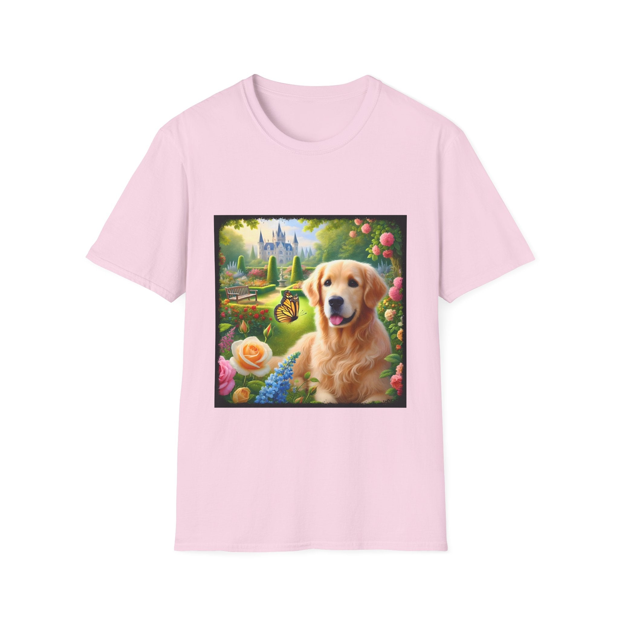 Light pink dog t-shirt featuring a golden retriever in a vibrant castle garden with blooming roses and a butterfly.