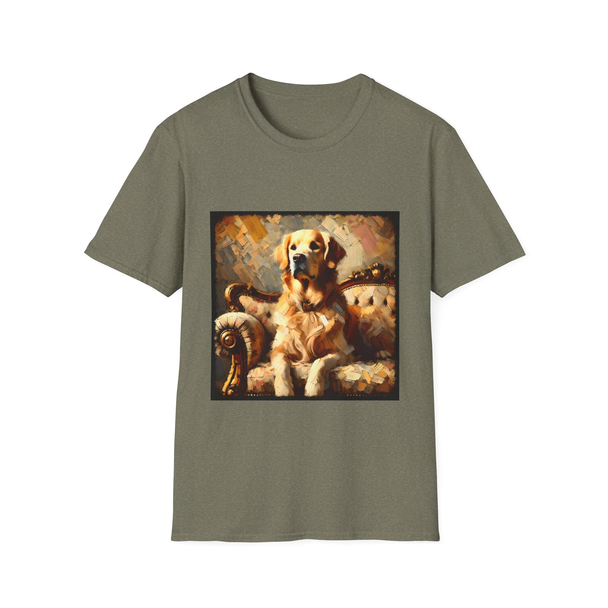 Heather military green dog t-shirt with golden retriever on ornate couch, painted in rich textured brushstrokes.