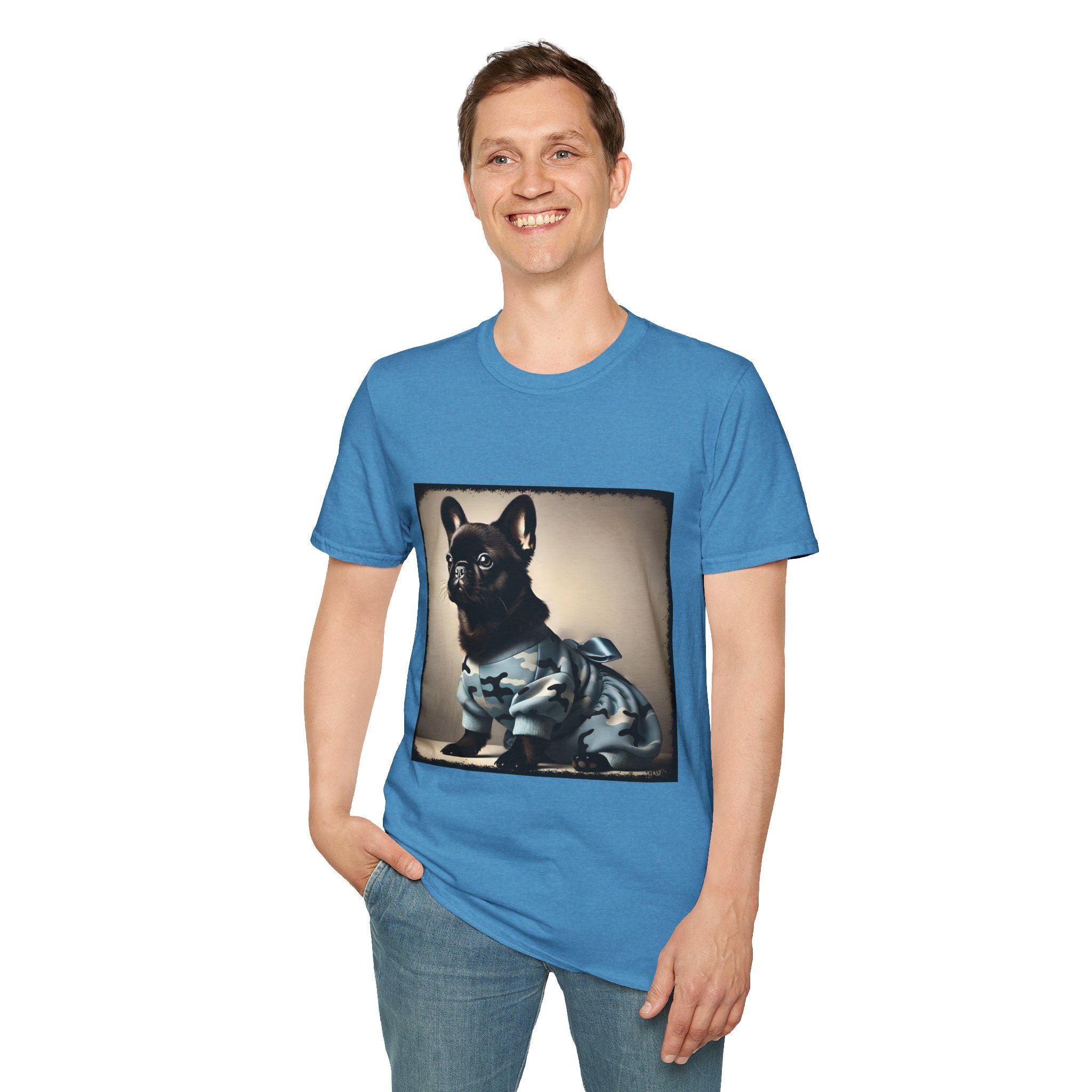 Man smiling wearing heather sapphire dog t-shirt featuring black French Bulldog in blue camo outfit with bow, set in soft vintage portrait.
