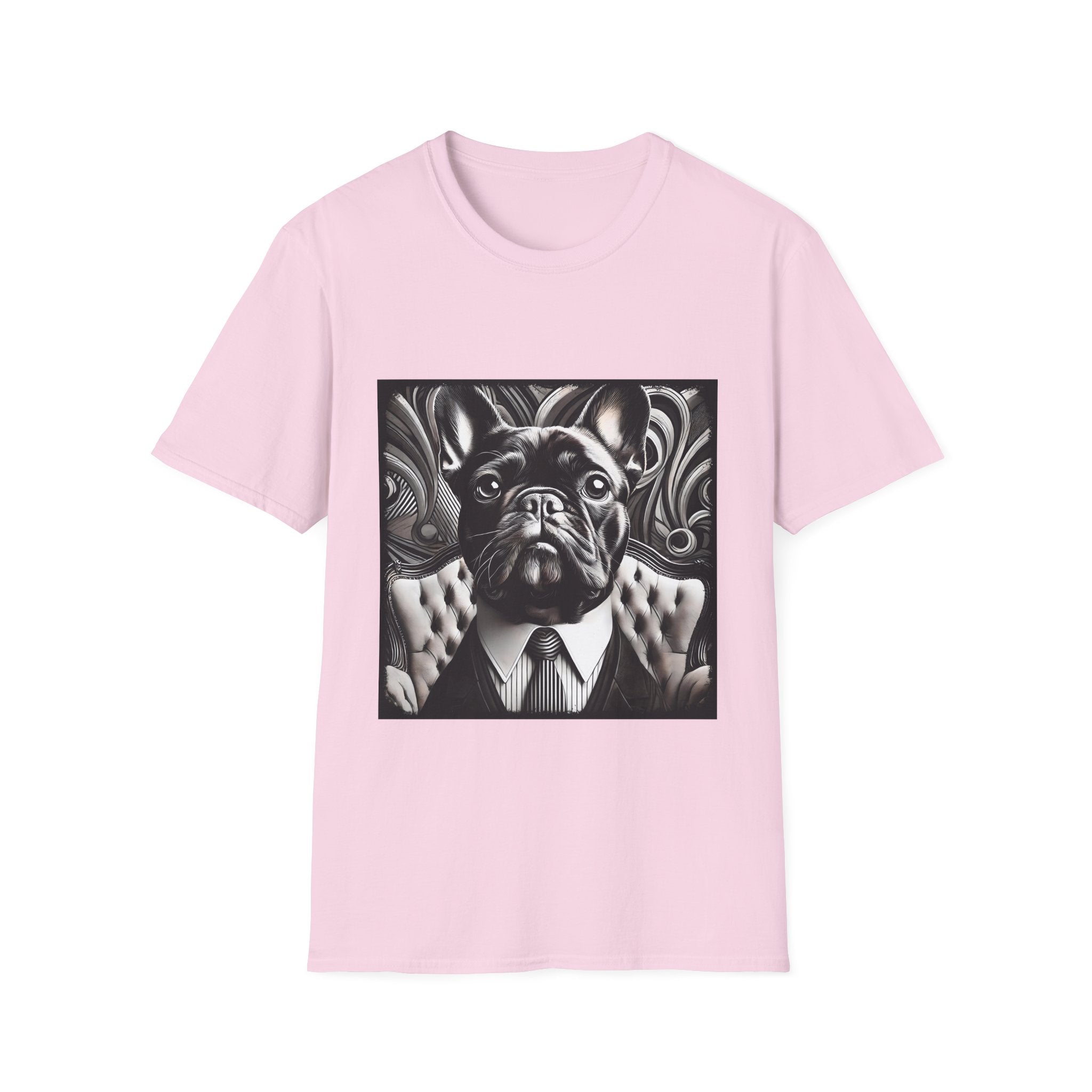 Light pink dog t-shirt featuring black French Bulldog in suit with swirl background, monochrome style.