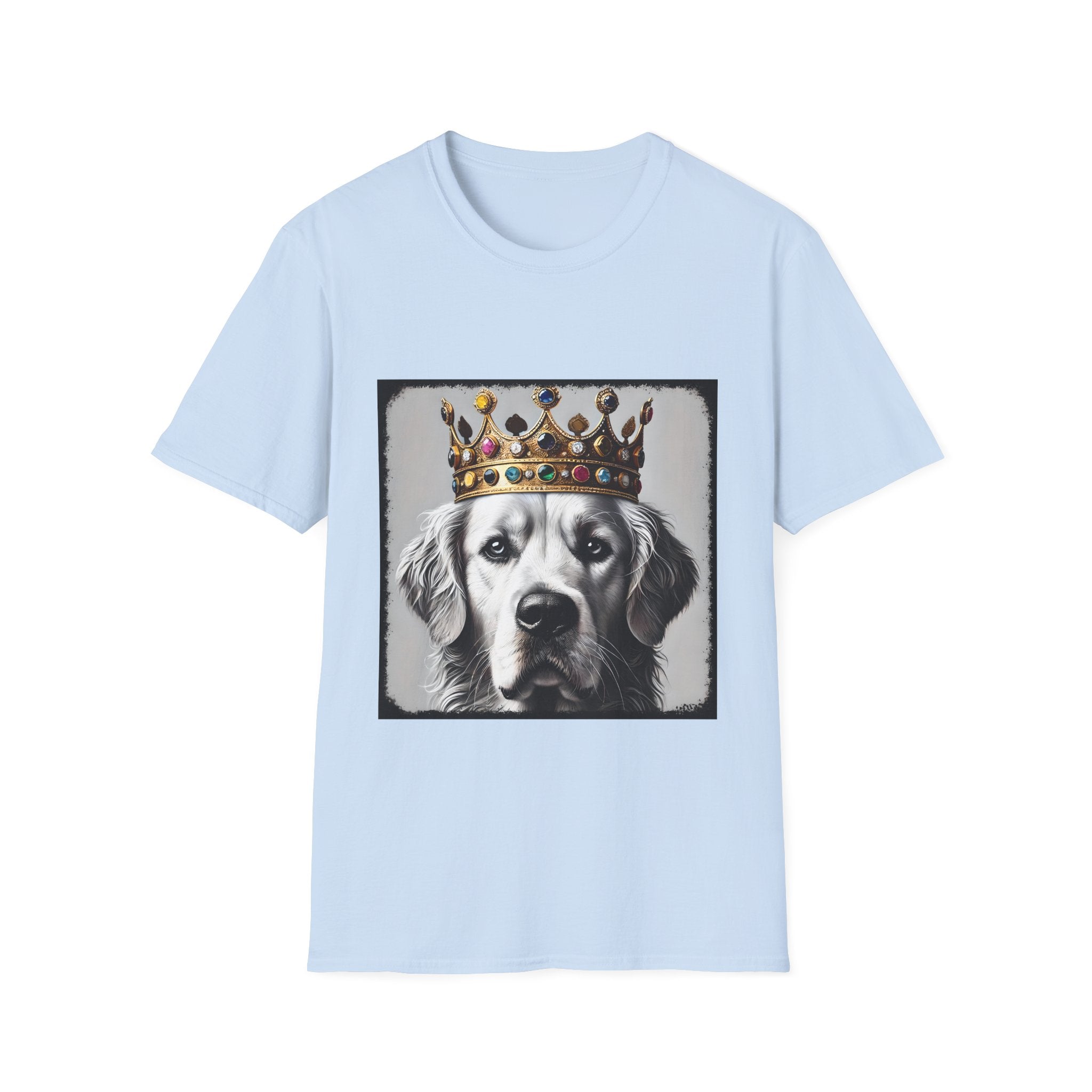 Light blue dog t-shirt featuring a black-and-white golden retriever in jeweled crown on gray backdrop.