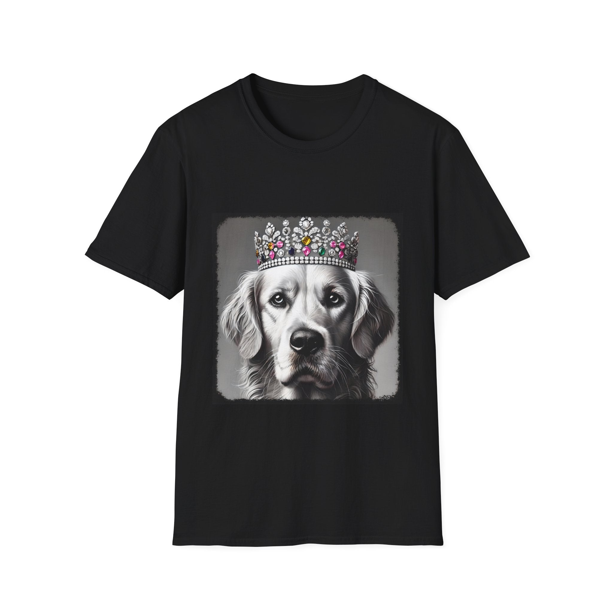 Black dog t-shirt featuring a black-and-white princess Golden Retriever with jeweled crown on gray background.