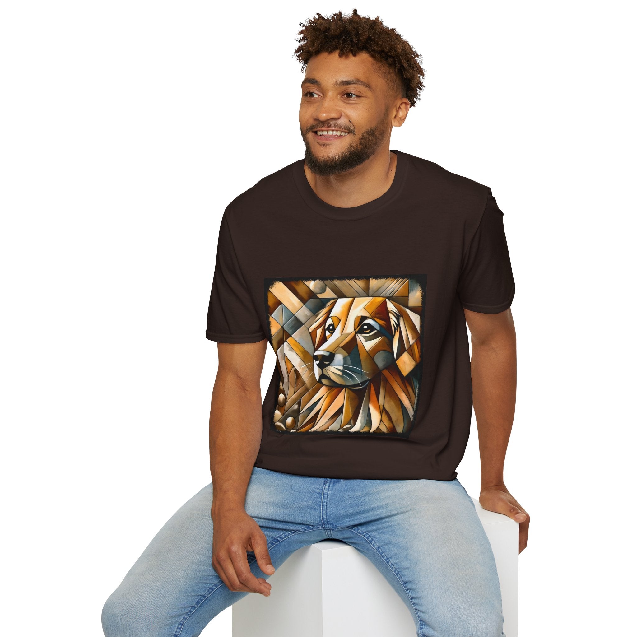 Male model in dark chocolate dog t-shirt featuring golden retriever in geometric cubist style with warm amber and tan tones.