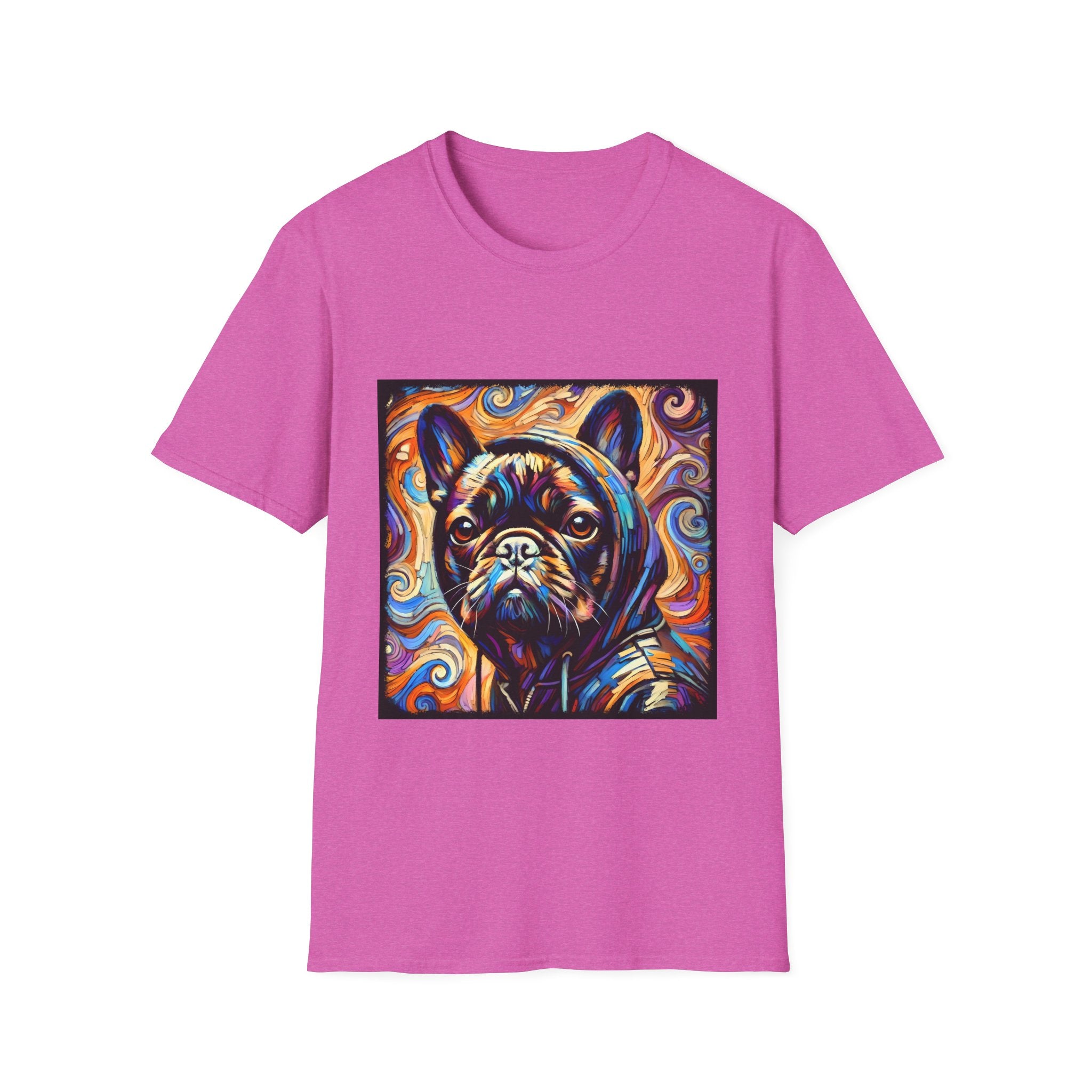 Dog t-shirt in dark pink featuring colorful French Bulldog in hoodie, set against vivid swirl-patterned background.
