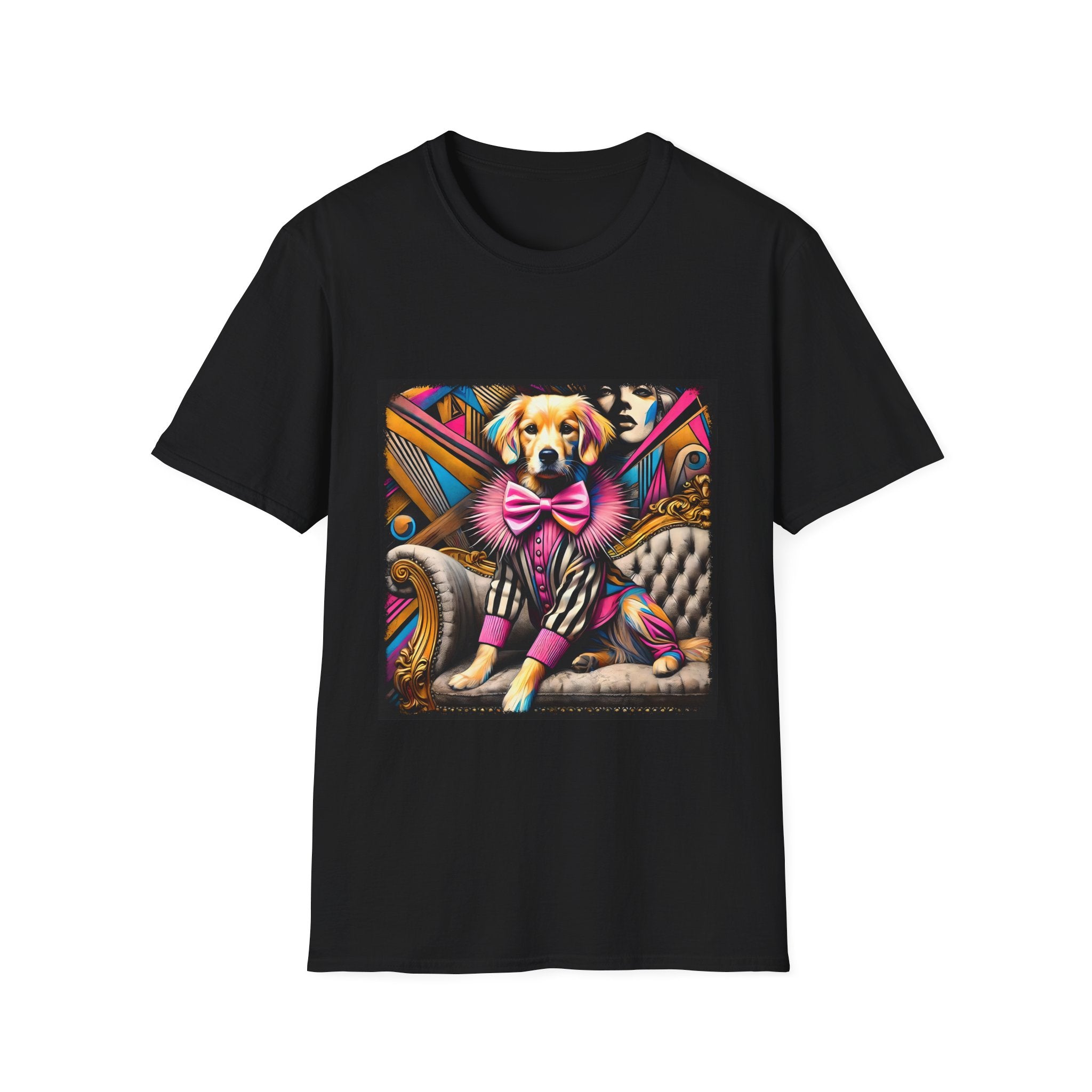 Black dog t-shirt with golden retriever in striped outfit and pink bow on bold pop-art settee.