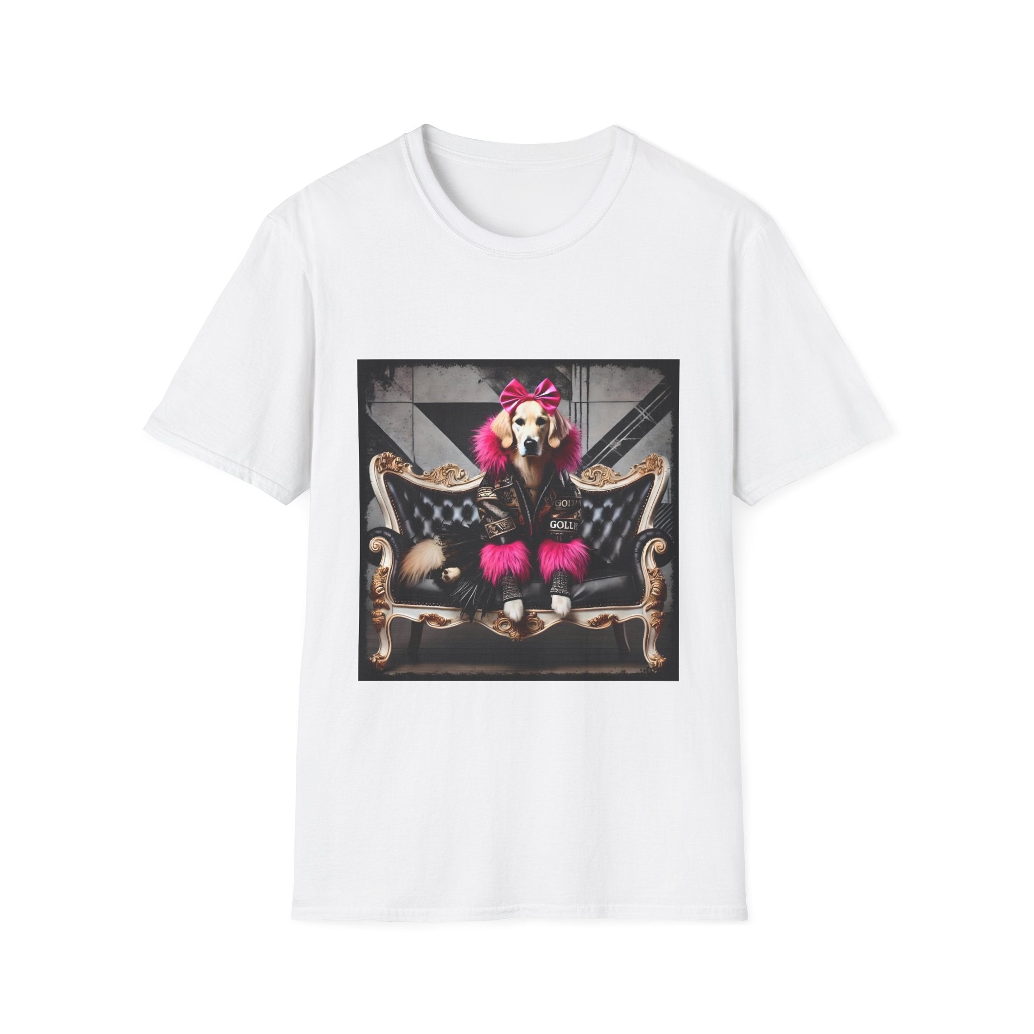 White dog t-shirt featuring golden retriever with pink bow and fur outfit on black settee in edgy backdrop.