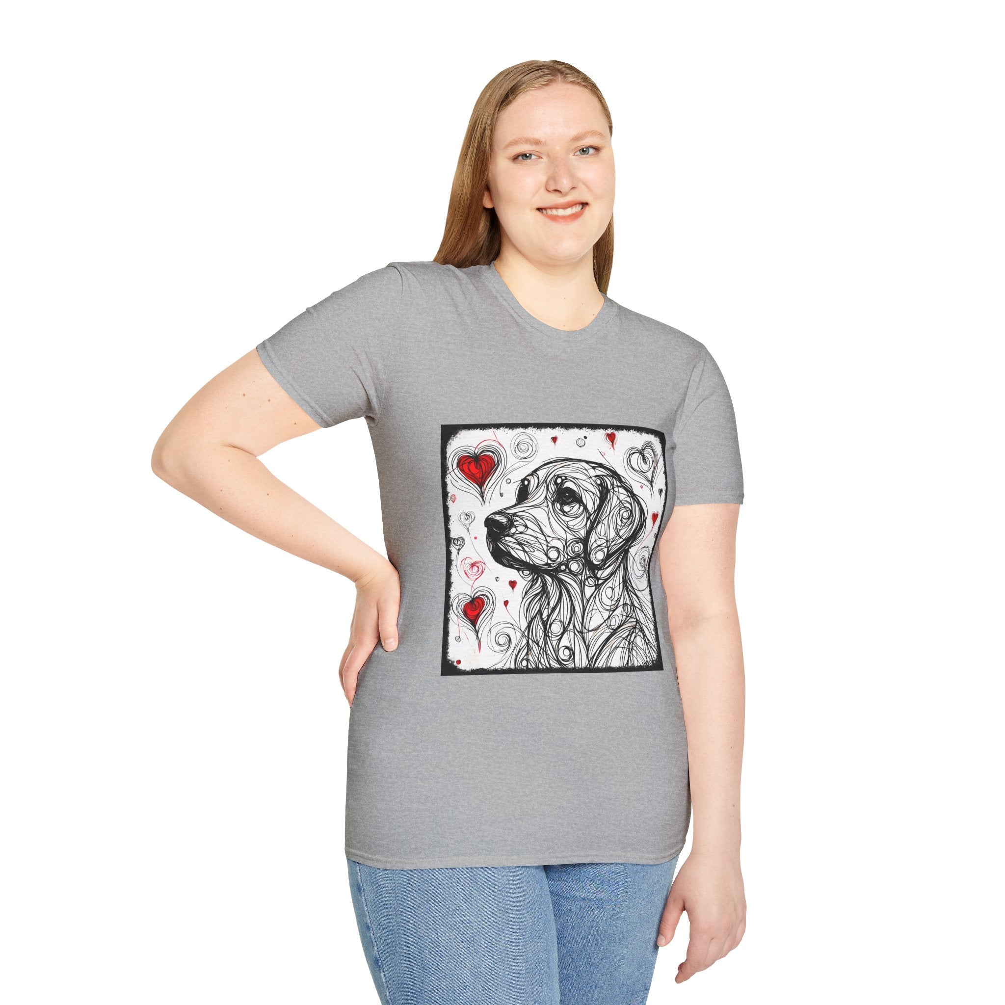 Female model in sport gray dog t-shirt with golden retriever line art and red hearts on white background with swirling abstract pattern.