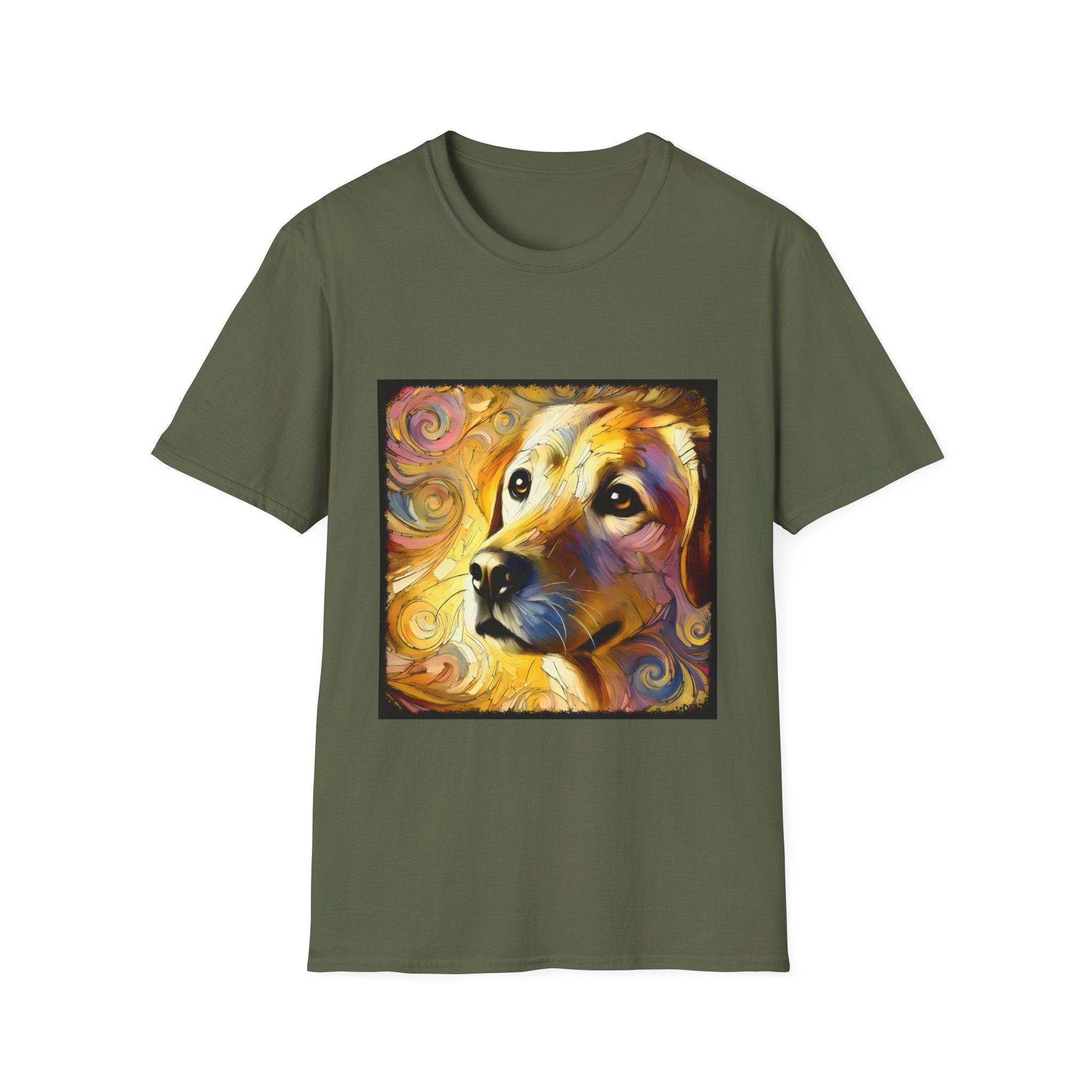 Military green dog t-shirt featuring a golden retriever with swirling brushstroke-style yellow-orange background.