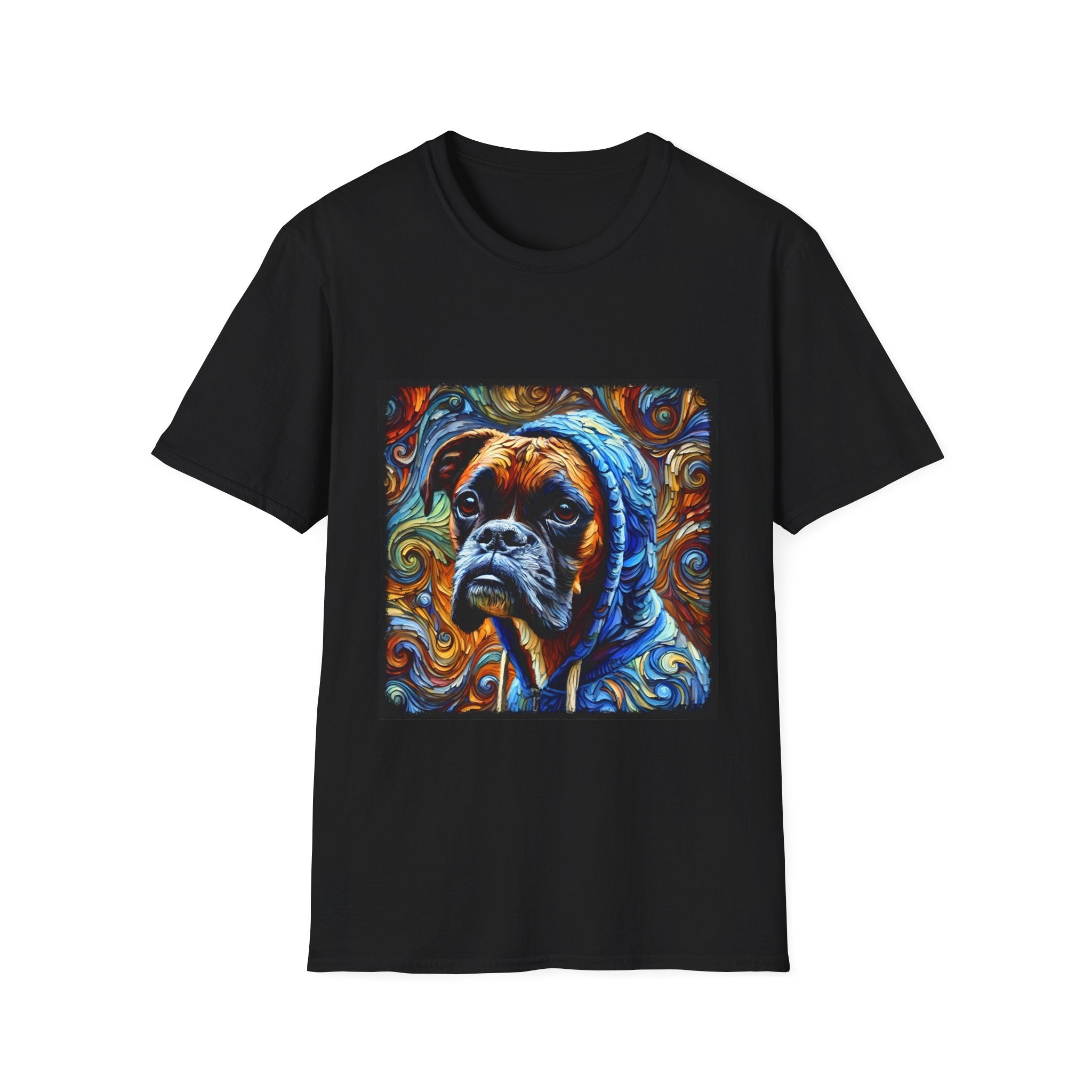 Black dog t-shirt featuring a boxer in a blue hoodie with swirled orange, gold, and teal background design.
