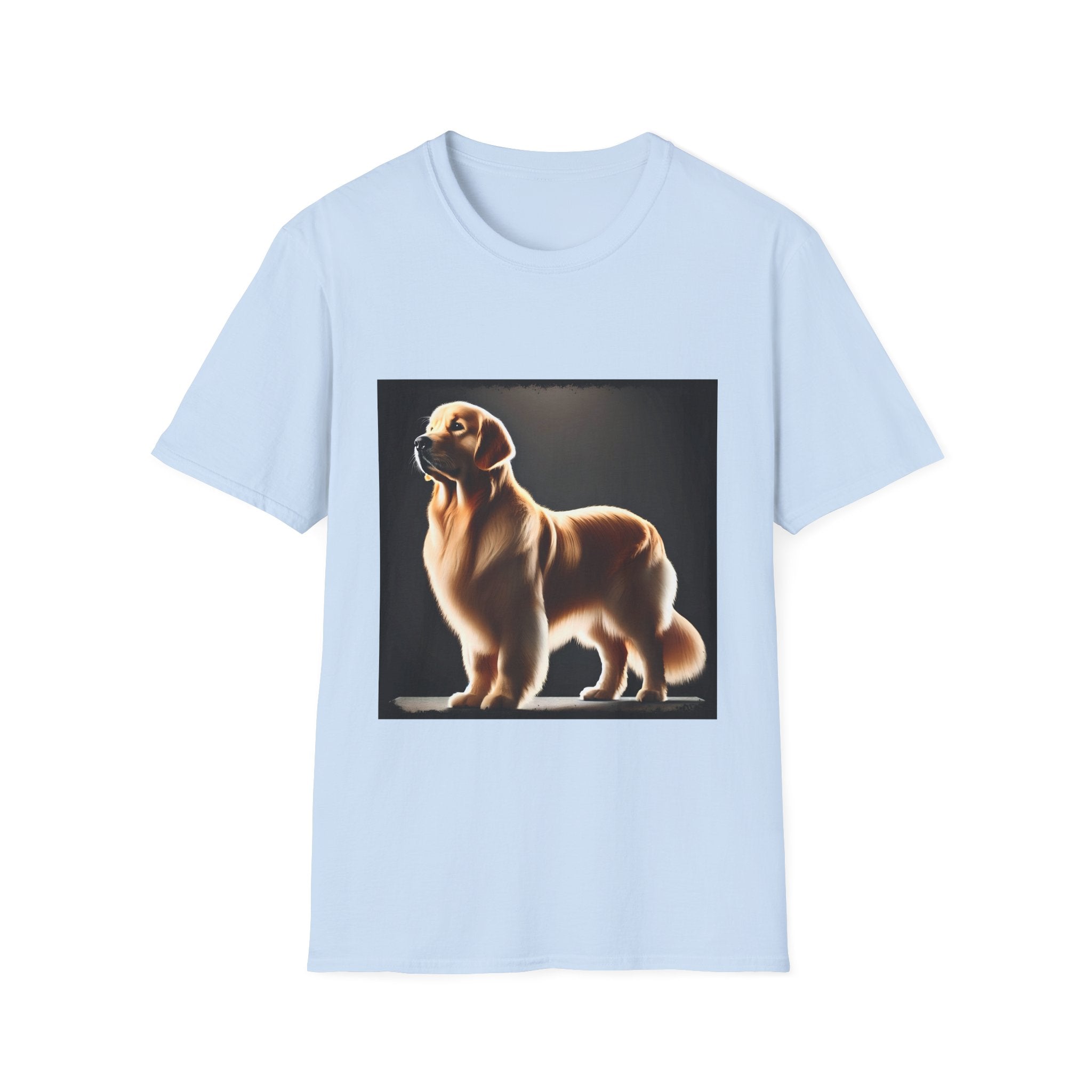 Light blue dog t-shirt with golden retriever standing tall under spotlight on black background.