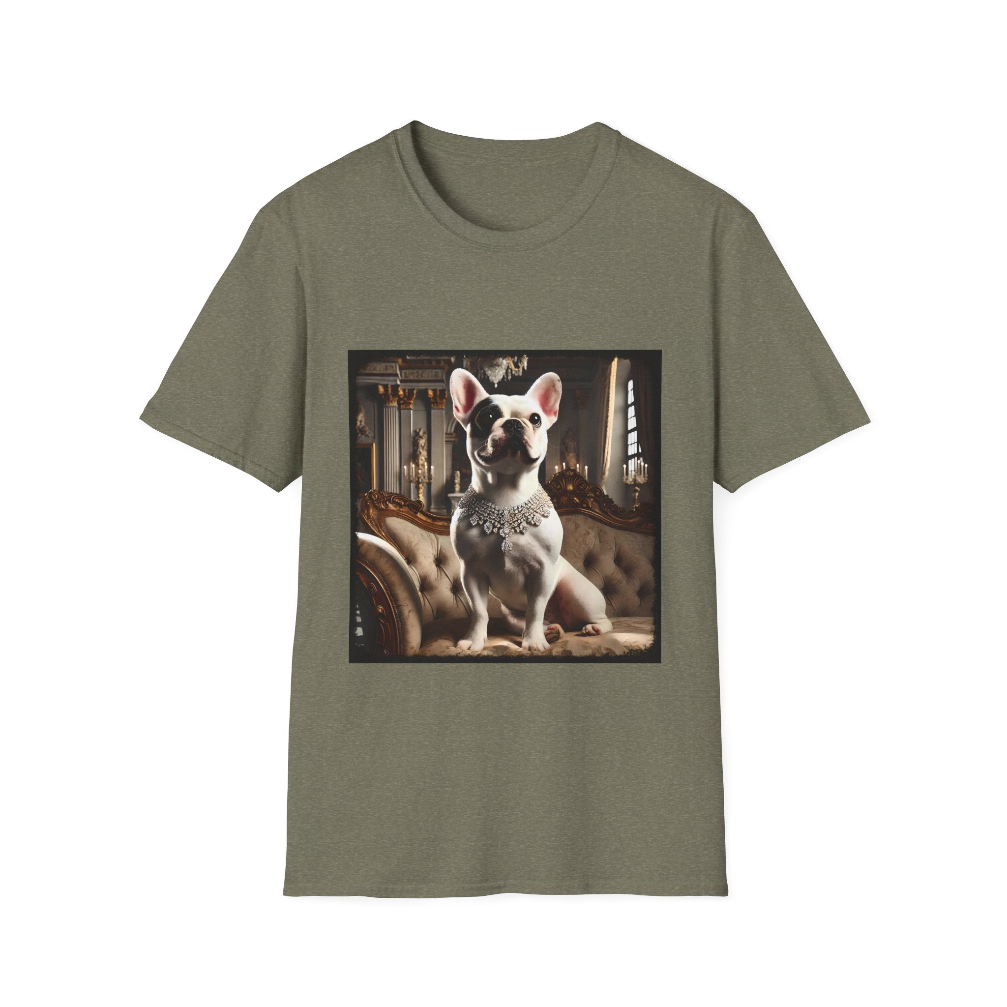 Light military green dog t-shirt featuring white French Bulldog wearing jeweled necklace, seated on tufted settee in elegant palace setting.