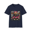 Navy dog t-shirt with golden retriever in edgy outfit, pink bows and cuffs, on silver tufted settee.
