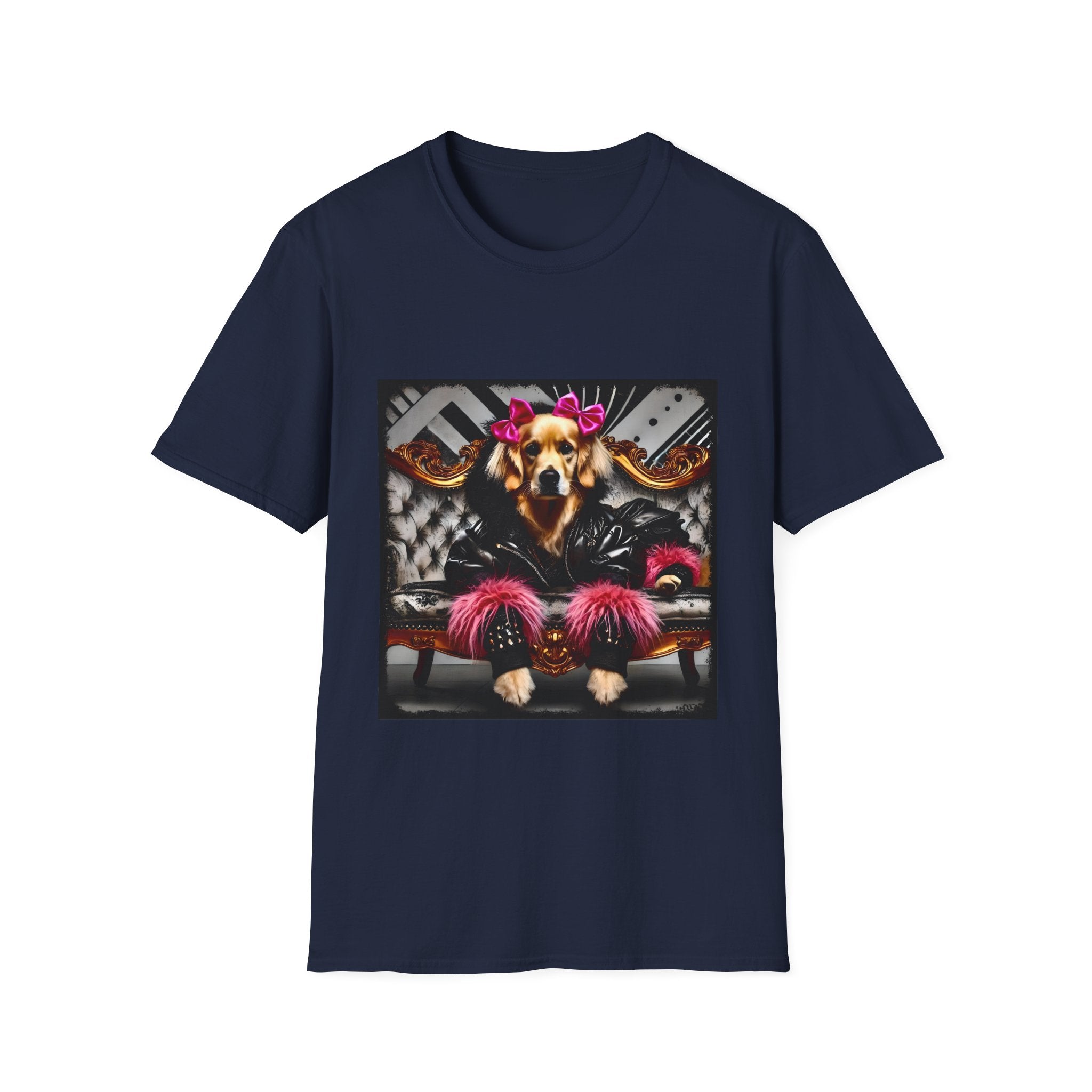 Navy dog t-shirt with golden retriever in edgy outfit, pink bows and cuffs, on silver tufted settee.