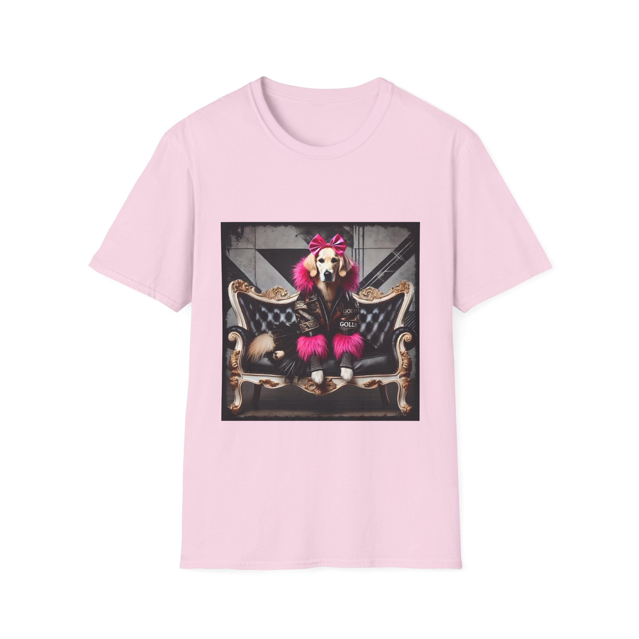 Light pink dog t-shirt featuring golden retriever with pink bow and fur outfit on black settee in edgy backdrop.