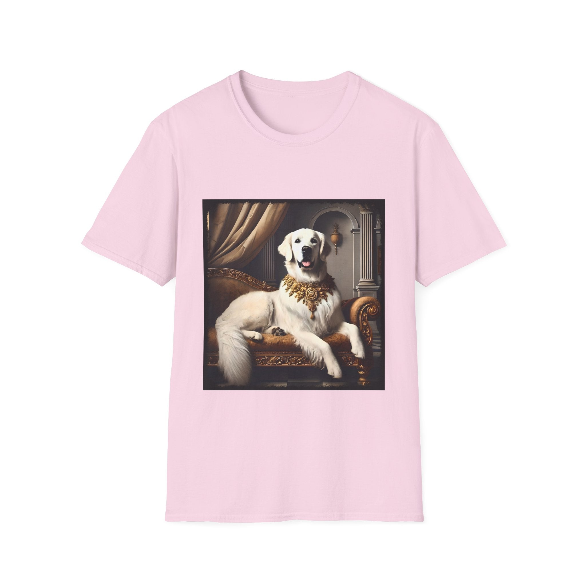 Light pink dog t-shirt featuring a regal white golden retriever lounging on a gold settee with ornate curtains.