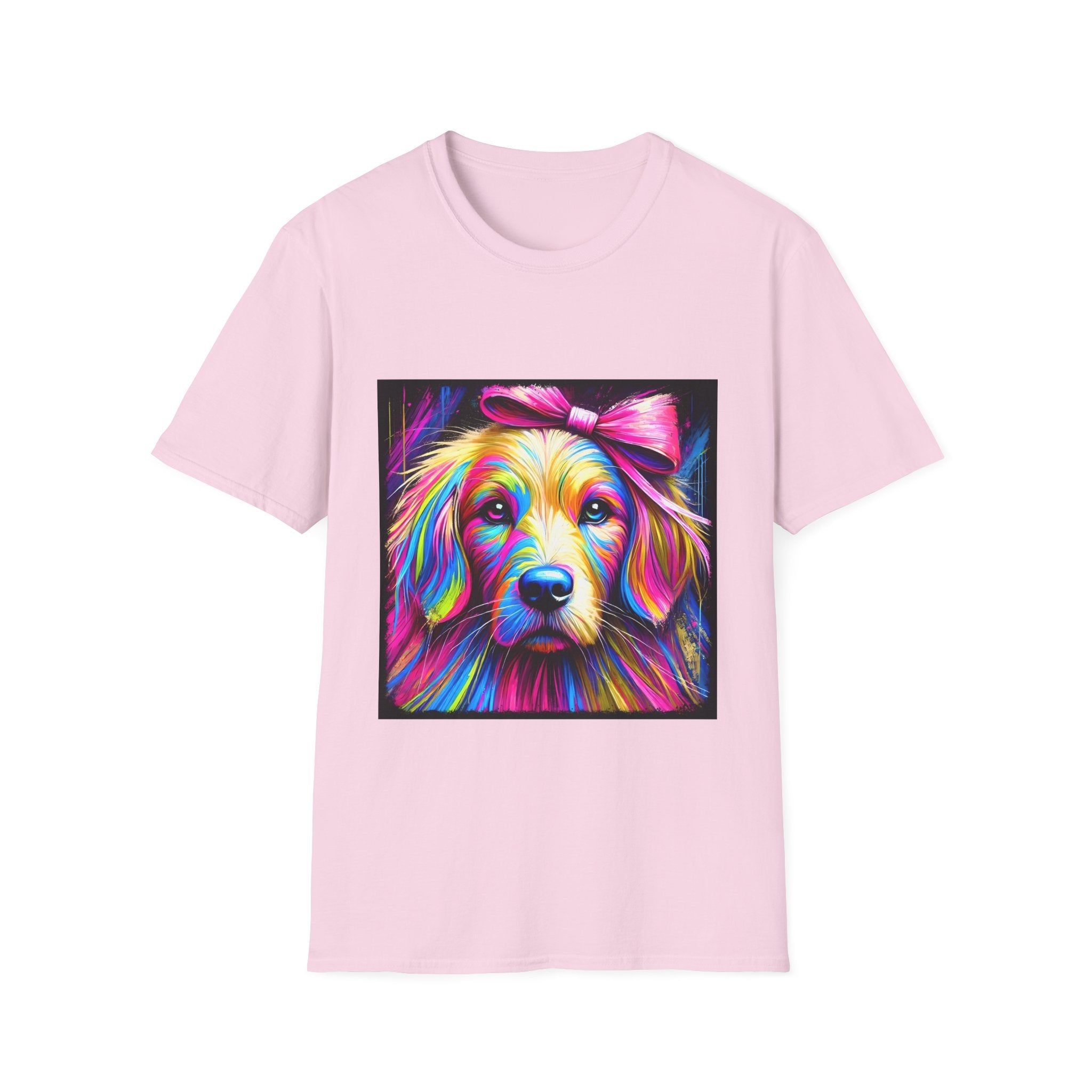 Light pink dog t-shirt featuring neon-colored golden retriever with pink bow on vibrant electric abstract backdrop.