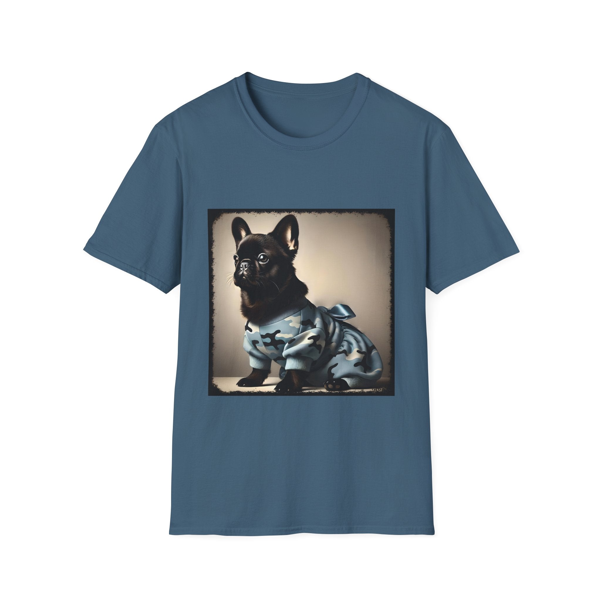 Indigo blue dog t-shirt featuring black French Bulldog in blue camo outfit with bow, set in soft vintage portrait.