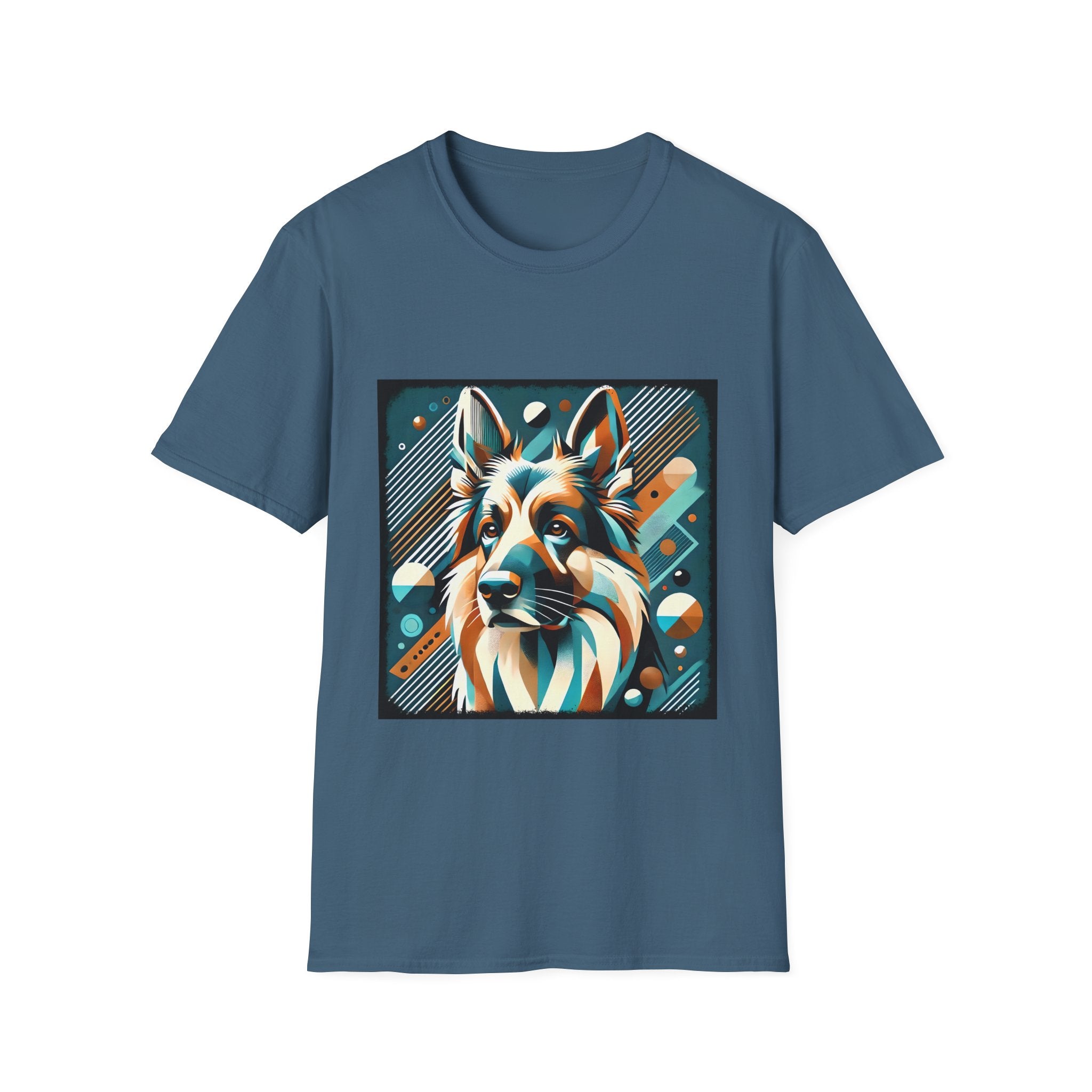 The "German Shepherd Vibrant Geometric" unisex dog t-shirt showcases a colorful, abstract geometric German Shepherd face in blue, orange, and white within a patterned square. Ideal for fans of unique geometric dog designs.