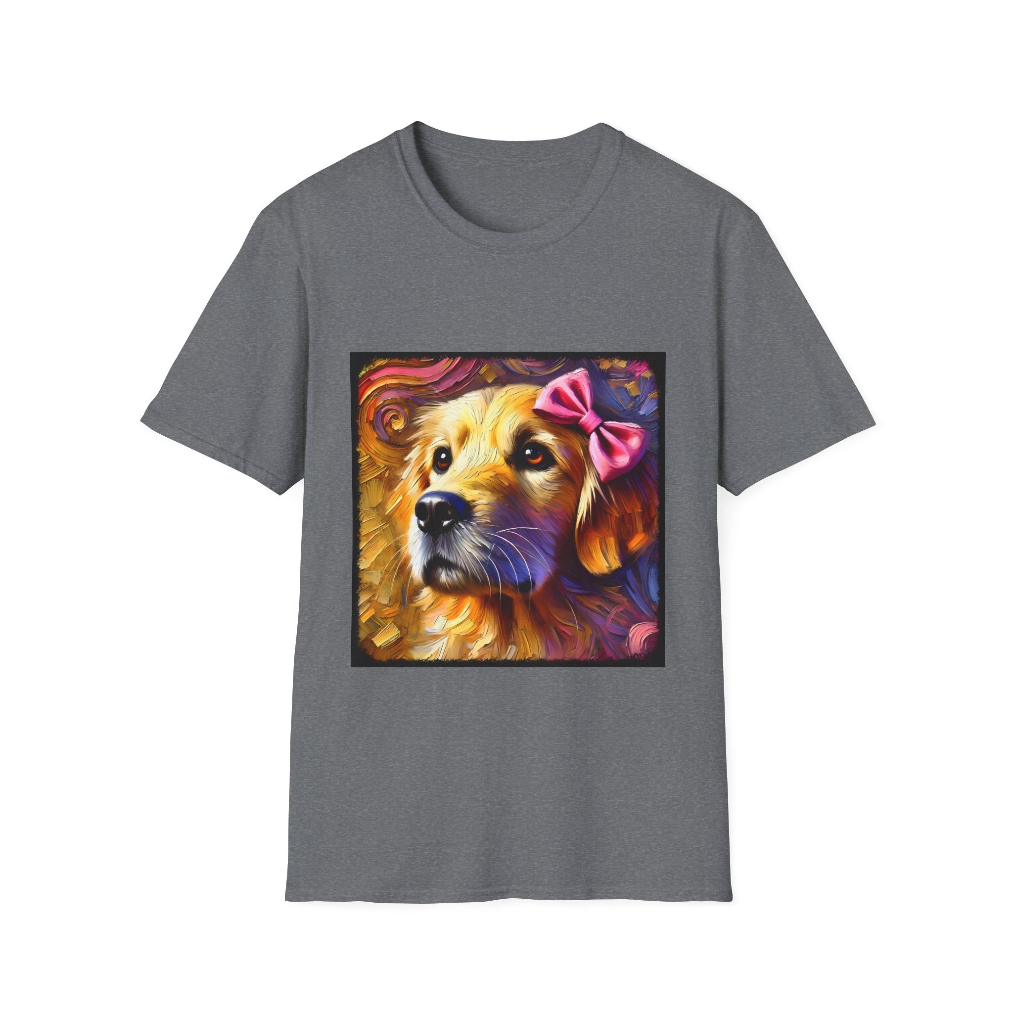 Graphite heather dog t-shirt featuring golden retriever with pink bow on head, set against vivid painterly swirls.