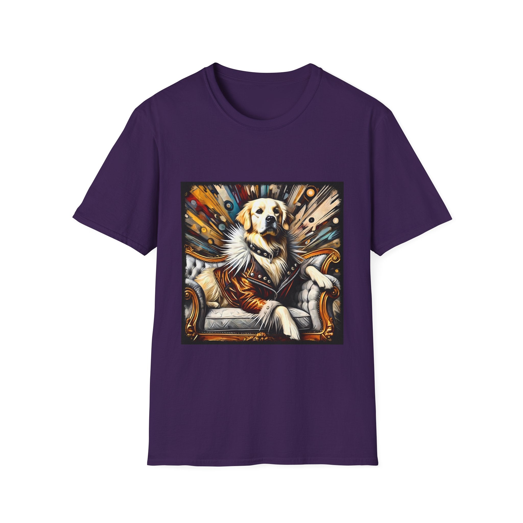 Purple dog t-shirt featuring golden retriever in fur coat on gold throne with colorful backdrop.