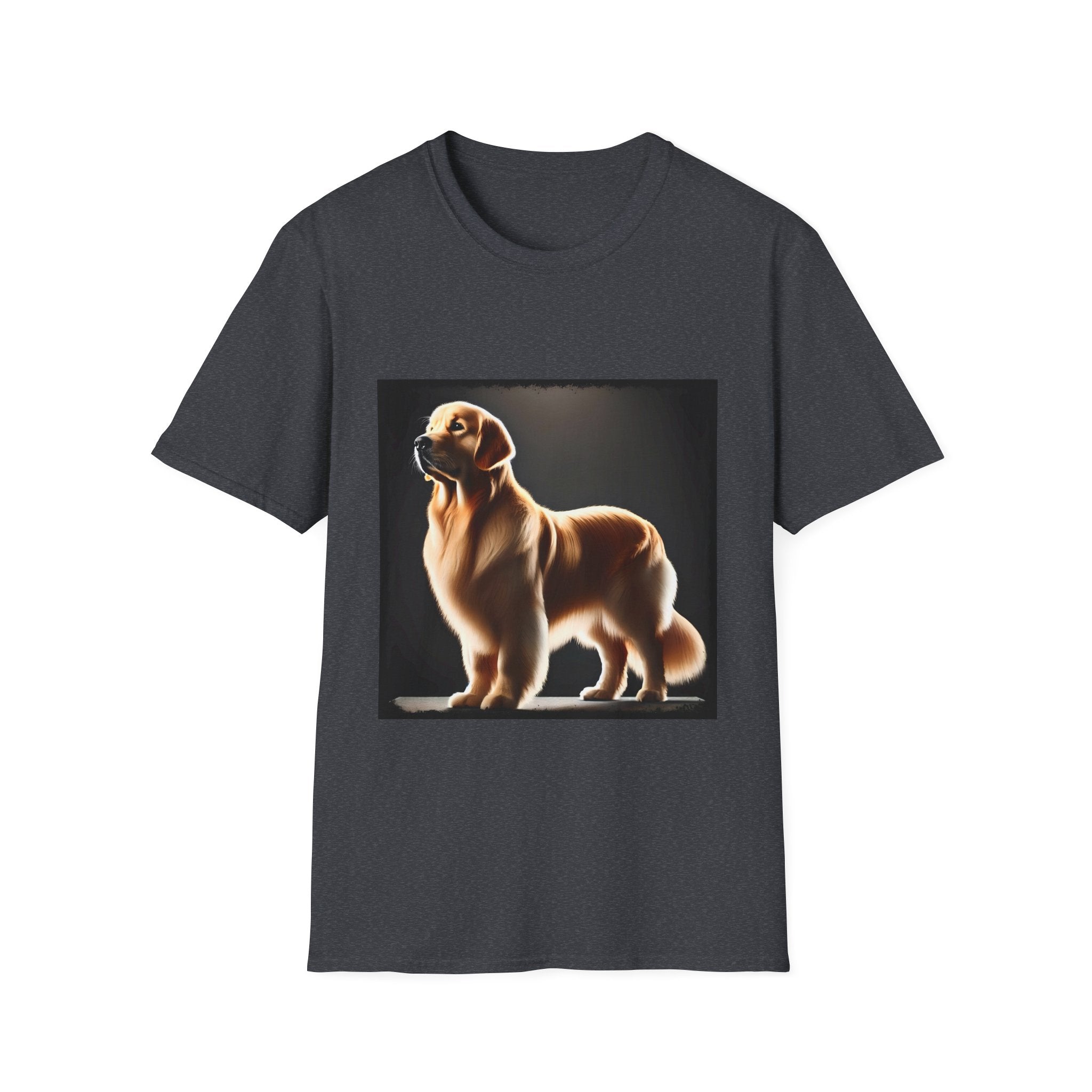 Dark heather gray dog t-shirt with golden retriever standing tall under spotlight on black background.