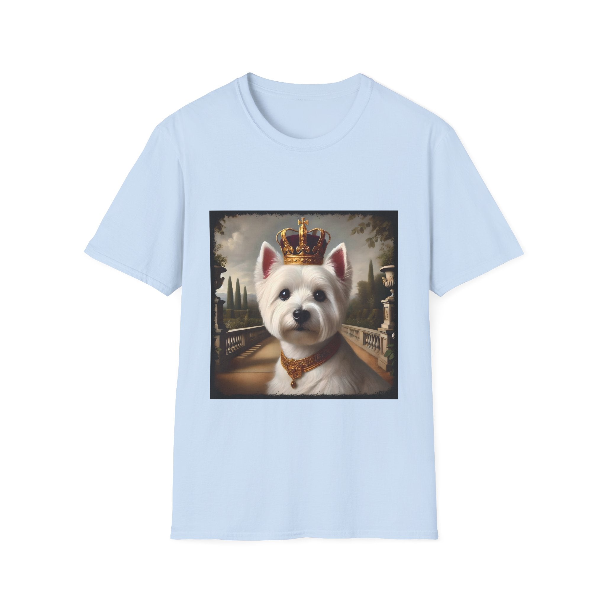 Light blue dog t-shirt featuring regal Westie in gold crown and collar on palace terrace background.