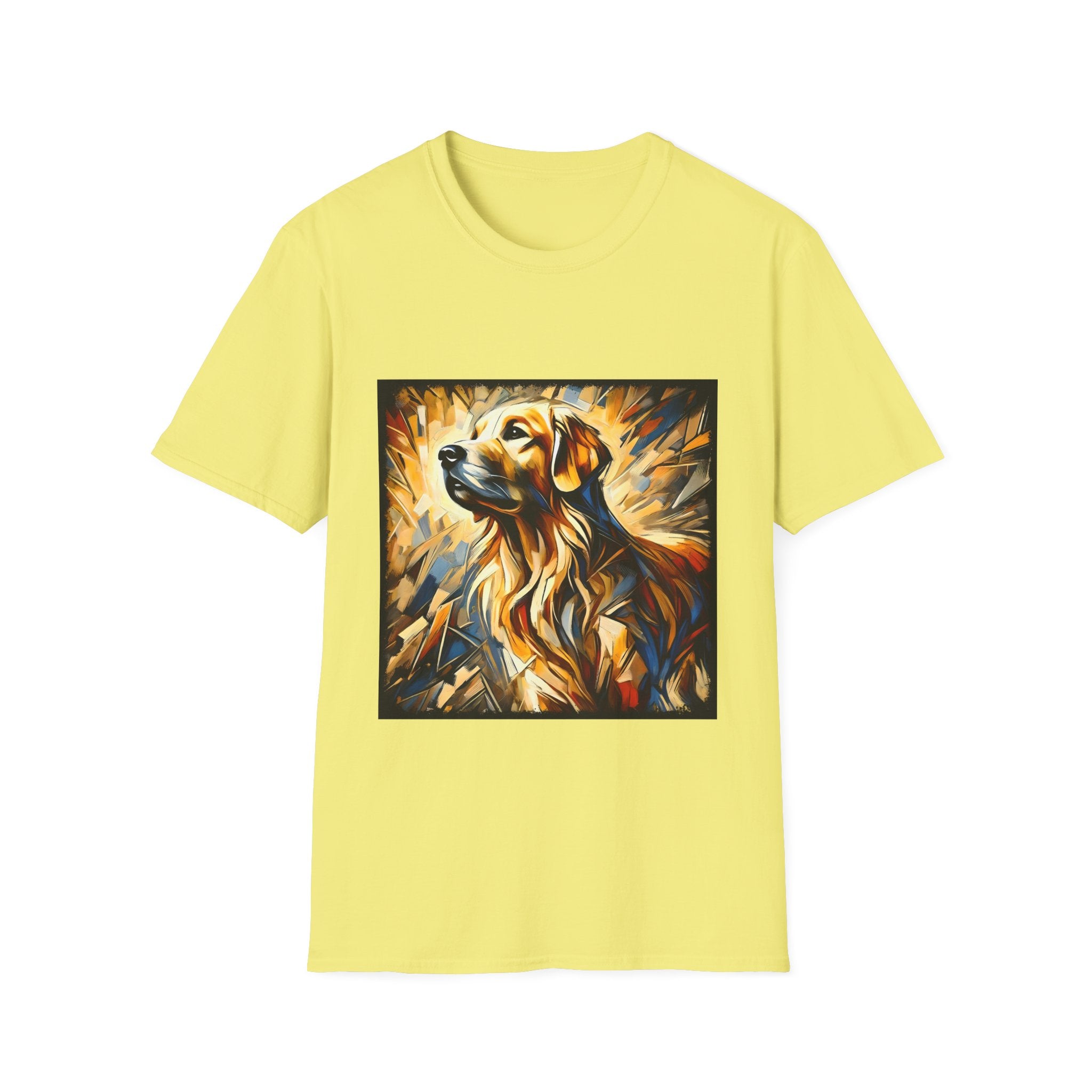 Yellow dog t-shirt featuring golden retriever portrait with fiery gold, blue, and amber abstract swirls.